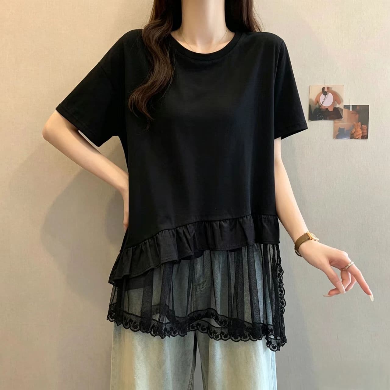 한 부서 부드러운 바람 라운드 넥 망사 패치워크 프릴 반팔 티셔츠 빅 사이즈 지방 mm 여름 표지 고기 슬림해 보이는 다용도 상세 이미지 8