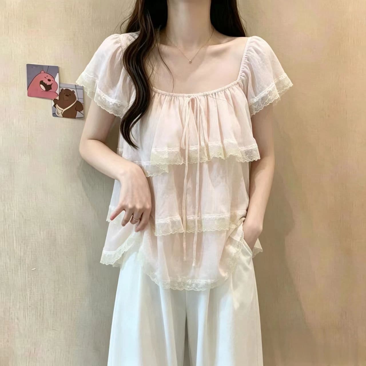 파란색 레이스 프릴 광장 칼라 반팔 여성 셔츠 2026 새로운 여름 빅 사이즈 지방 mm 아름다운 작은 셔츠 맨위 상세 이미지 8