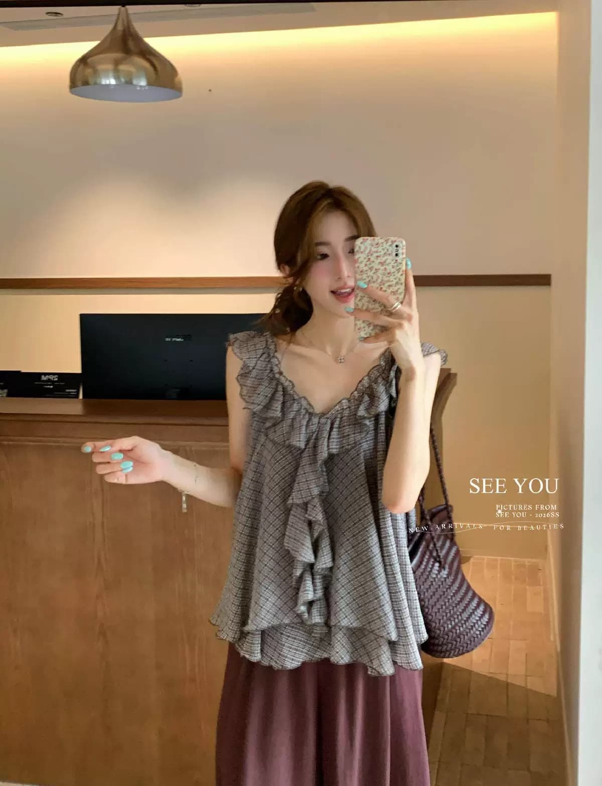 2026 여름 켜기 새로운 프랑스식 레트로 체크무늬 루즈핏 불규칙 프릴 느슨함 센스 조끼 작은 셔츠 여성 상세 이미지 5