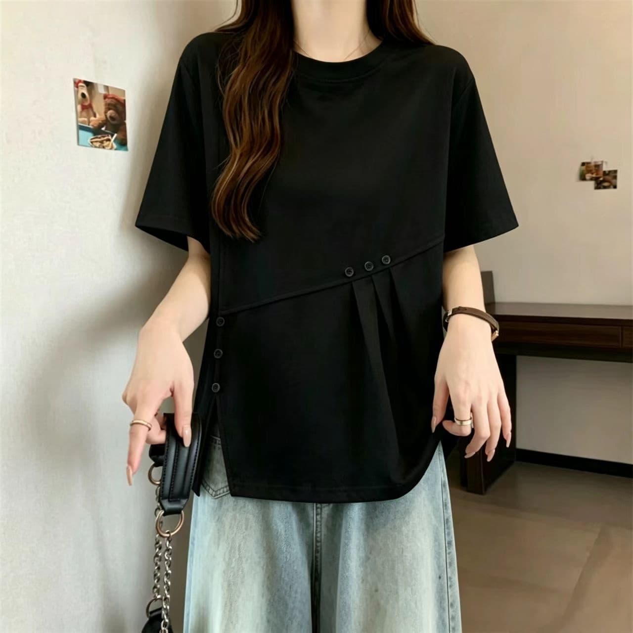 한 부서 캐주얼 바람 디자인 센스 트임 단추 티셔츠 빅 사이즈 지방 mm 여름 새로운 슬림해 보이는 표지 고기 반팔 맨위 상세 이미지 10