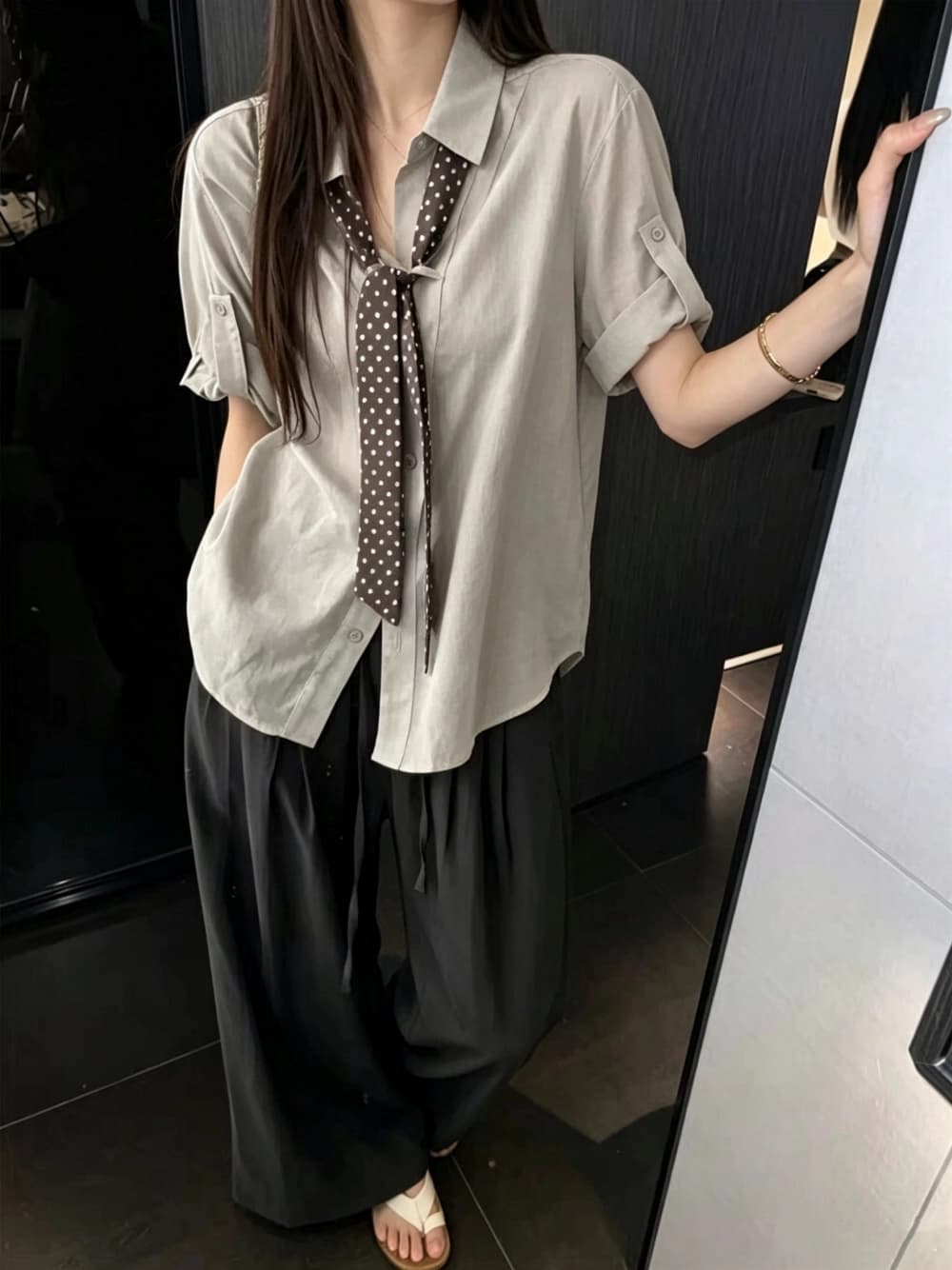 kumikumi 아메리칸 캐주얼 폴로 칼라 루즈핏 중간 소매 셔츠 여성 의류 2026 여름 Chic 다용도 외출용 맨위 상세 이미지 10