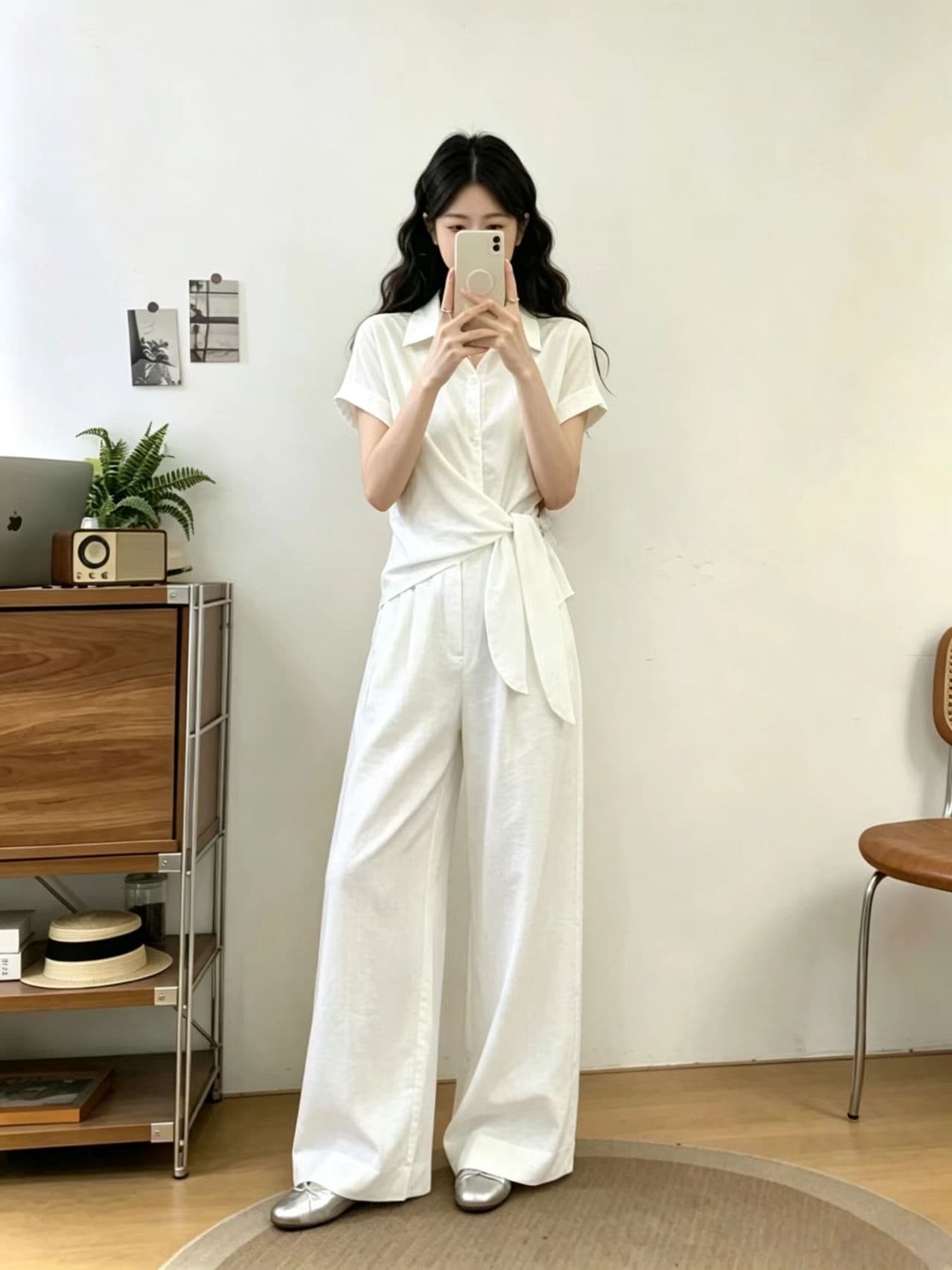 지방 mm 빅 사이즈 여성 의류 반팔 셔츠 세트 2026 새로운 여름 고급 세련된 배트윙 소매 와이드 레그 팬츠 투피스 세트 상세 이미지 14