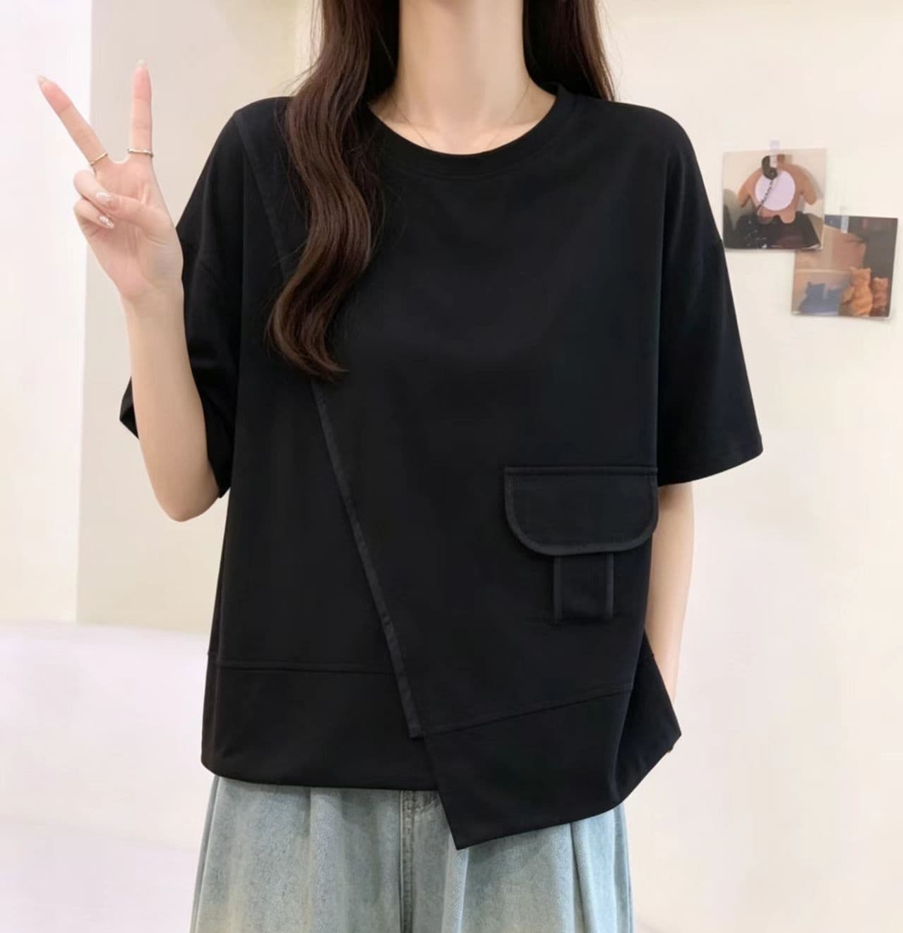 고급 센스 검정색 긍정적 인 어깨 반팔 티셔츠 여성 2026 여름 새로운 빅 사이즈 지방 mm 루즈핏 표지 배 불규칙 맨위 상세 이미지 10