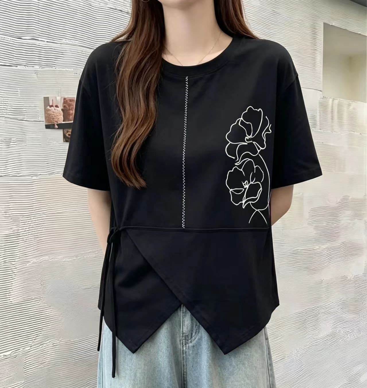 빅 사이즈 불규칙 패치워크 반팔 티셔츠 기본 셔츠 여성 2026 여름 드레스 새로운 지방 mm 슬림해 보이는 표지 배 맨위 상세 이미지 19