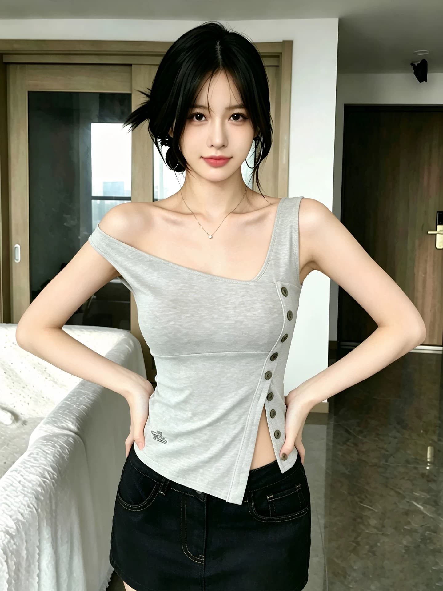 디자인 센스 비스듬한 칼라 비대칭 트임 단추 캐미솔 여름 몸매 가꾸기 슬림해 보이는 핫걸 바람 민소매 맨위 이미지 3
