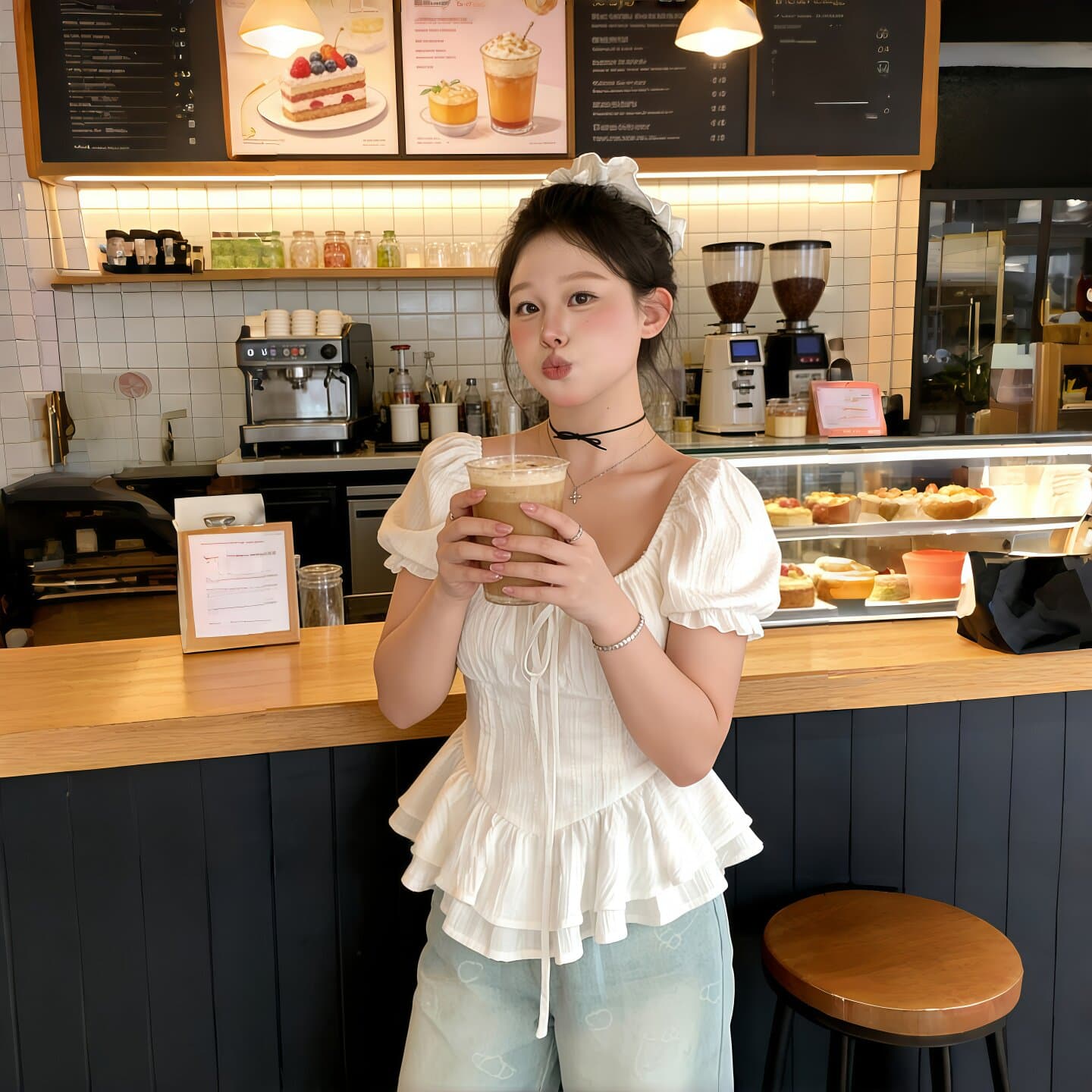 질감 센스 프릴 밑단 거품 소매 허리 수축 여성 셔츠 마이크로 지방 빅 사이즈 슬림해 보이는 광장 칼라 작은 셔츠 상세 이미지 2