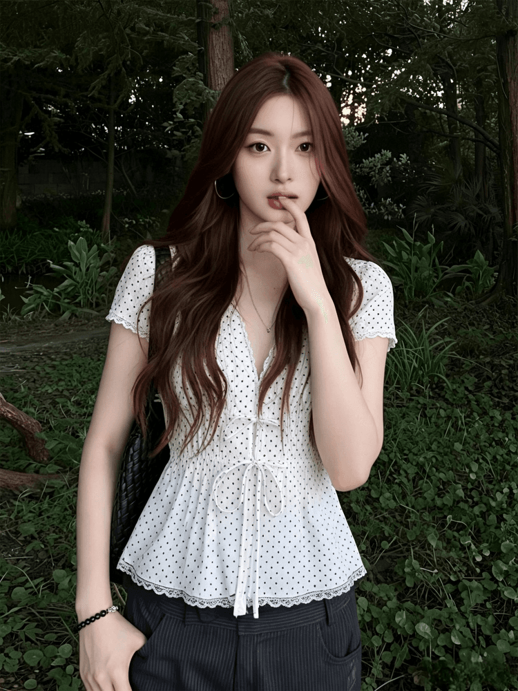 빅 사이즈 통통한 여동생 프랑스식 바람 도트 무늬 레이스 슬림해 보이는 레이스업 쉬폰 셔츠 여름 새로운 코치 아름다운 맨위 상세 이미지 3