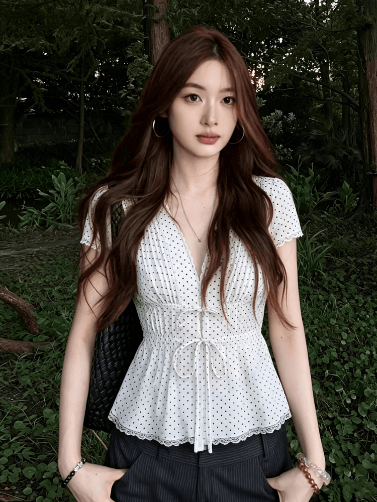 빅 사이즈 통통한 여동생 프랑스식 바람 도트 무늬 레이스 슬림해 보이는 레이스업 쉬폰 셔츠 여름 새로운 코치 아름다운 맨위 상세 이미지 4