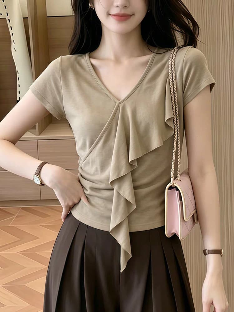 빅 사이즈 지방 mm 핫걸 바람 V넥 불규칙 프릴 리본 반팔 티셔츠 여성 여름 몸매 가꾸기 슬림해 보이는 맨위 상세 이미지 8