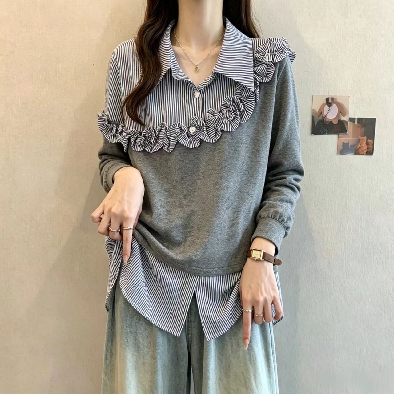 페이크 레이어드 체크무늬 긴팔 만나는 여성 셔츠 가을 새로운 빅 사이즈 지방 mm 슬림해 보이는 디자인 센스 프릴 맨위 상세 이미지 3