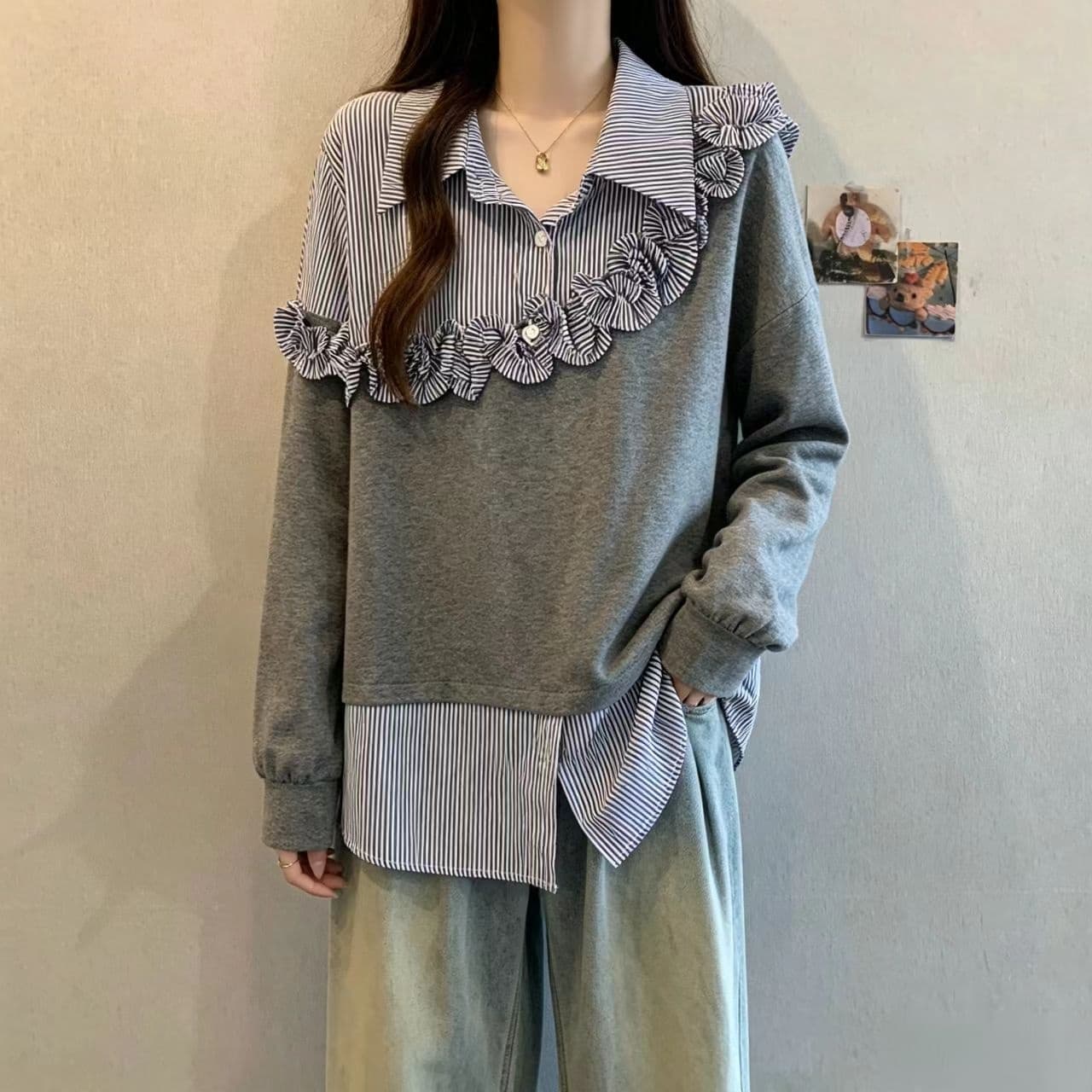 페이크 레이어드 체크무늬 긴팔 만나는 여성 셔츠 가을 새로운 빅 사이즈 지방 mm 슬림해 보이는 디자인 센스 프릴 맨위 상세 이미지 5