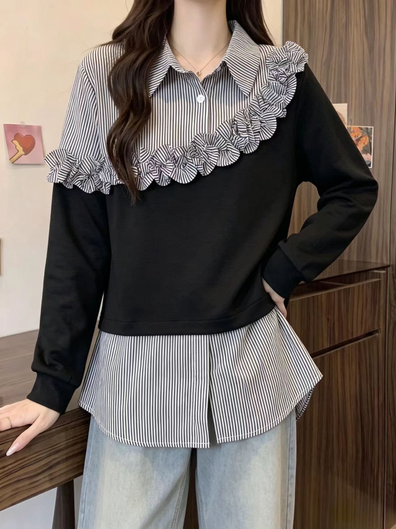 페이크 레이어드 체크무늬 긴팔 만나는 여성 셔츠 가을 새로운 빅 사이즈 지방 mm 슬림해 보이는 디자인 센스 프릴 맨위 상세 이미지 6