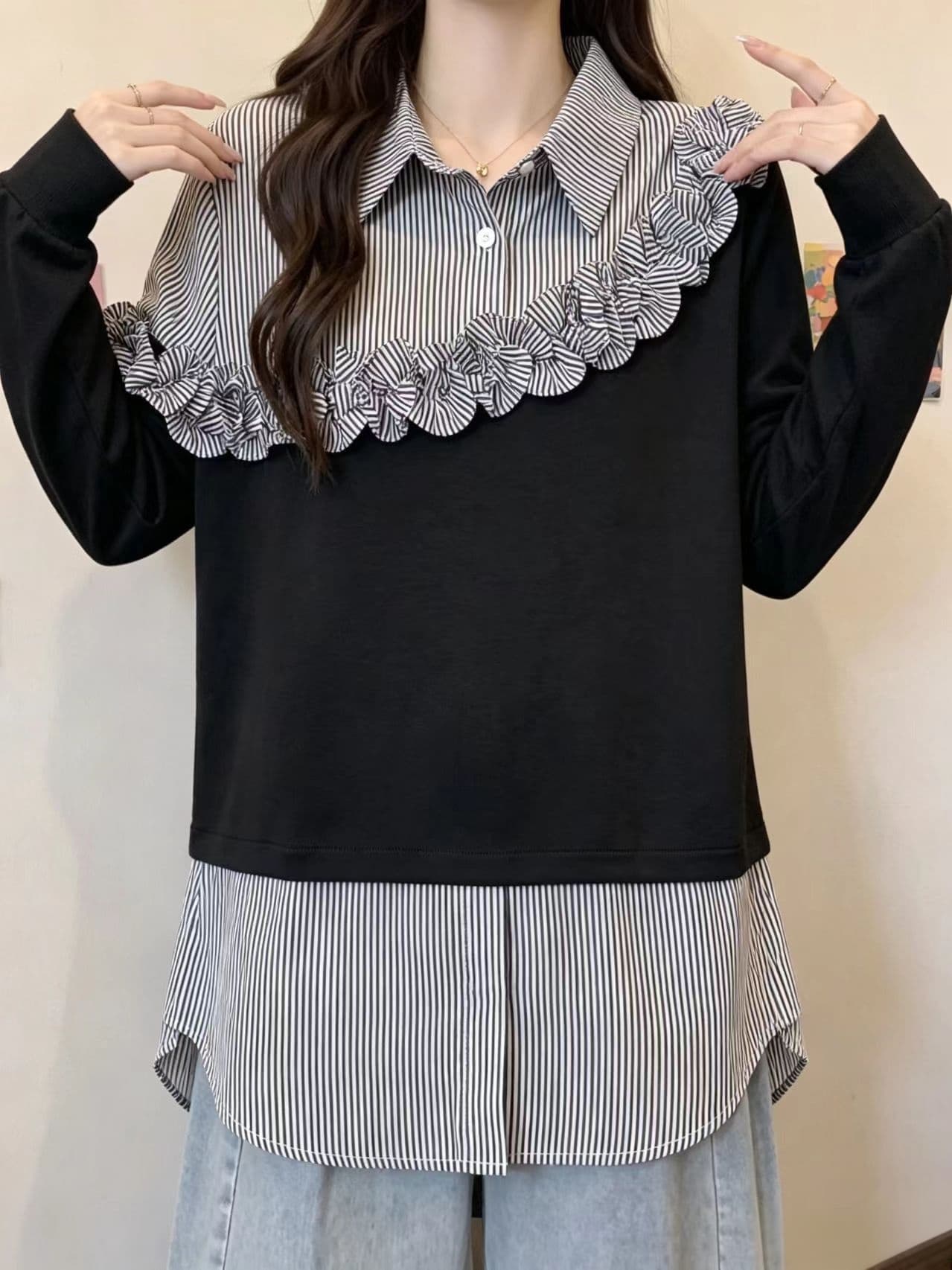 페이크 레이어드 체크무늬 긴팔 만나는 여성 셔츠 가을 새로운 빅 사이즈 지방 mm 슬림해 보이는 디자인 센스 프릴 맨위 상세 이미지 7