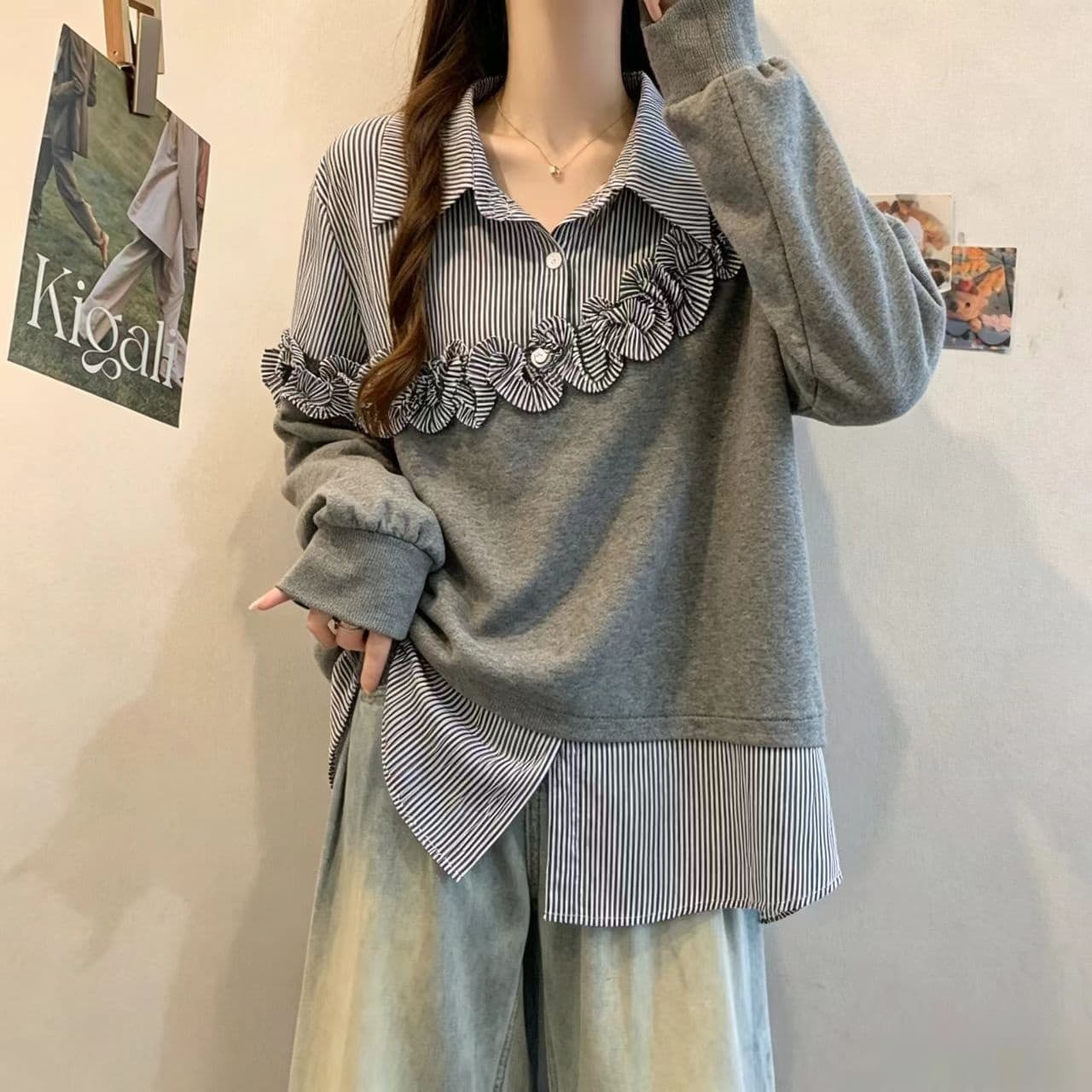페이크 레이어드 체크무늬 긴팔 만나는 여성 셔츠 가을 새로운 빅 사이즈 지방 mm 슬림해 보이는 디자인 센스 프릴 맨위 상세 이미지 8