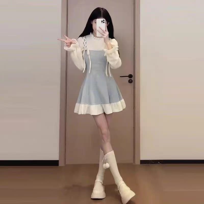 한 부서 부드러운 바람 파란색 스트랩 페이크 레이어드 멜빵 여성 드레스 봄 가을 학원 스타일 달콤함 착용 가져 가라. 이미지 4