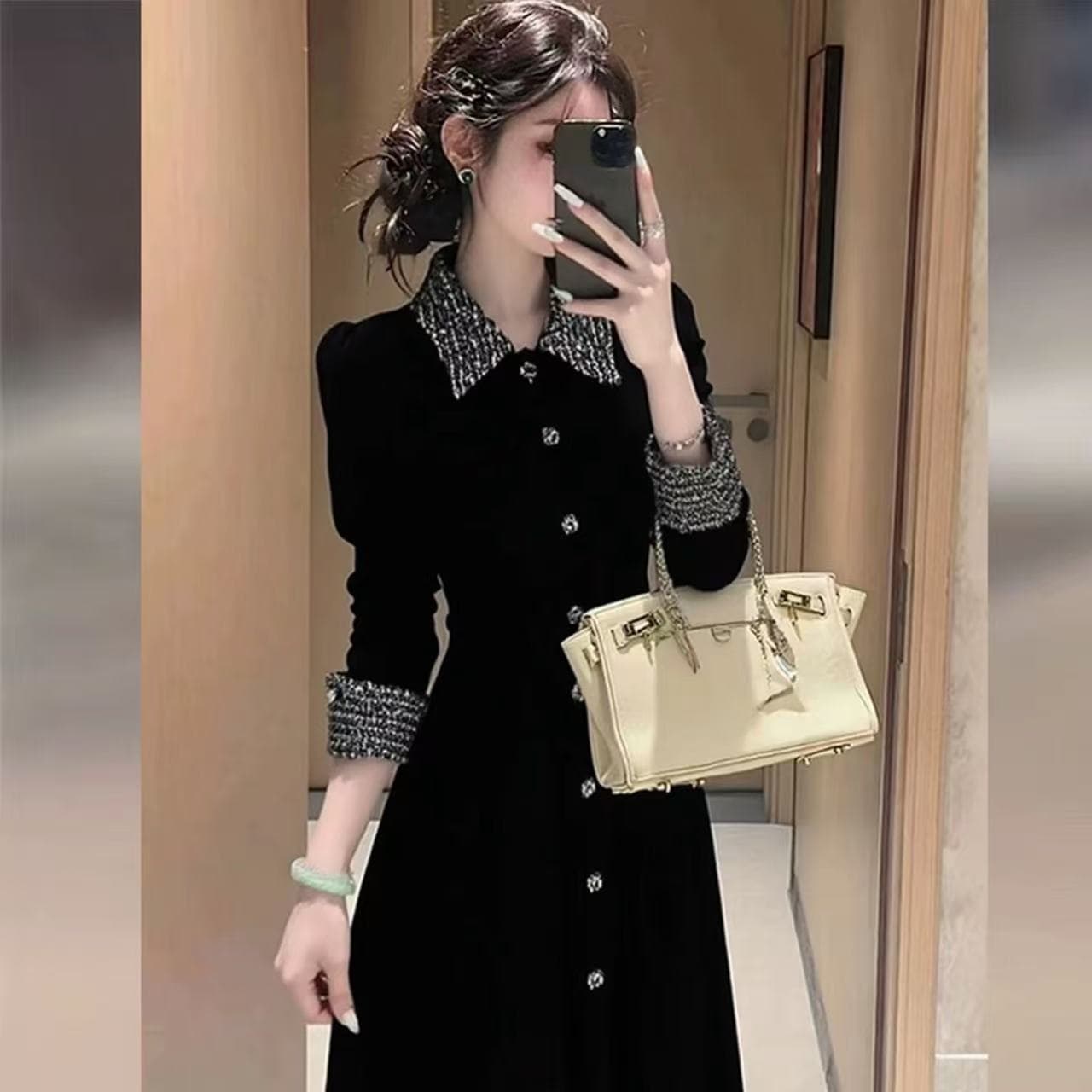 가을 겨울 검정색 고급 허리 수축 롱 스커트 작은 2026 여성 드레스 프랑스식 품격 폴로 칼라 a 향기로운 단어 디자이너 이미지 3