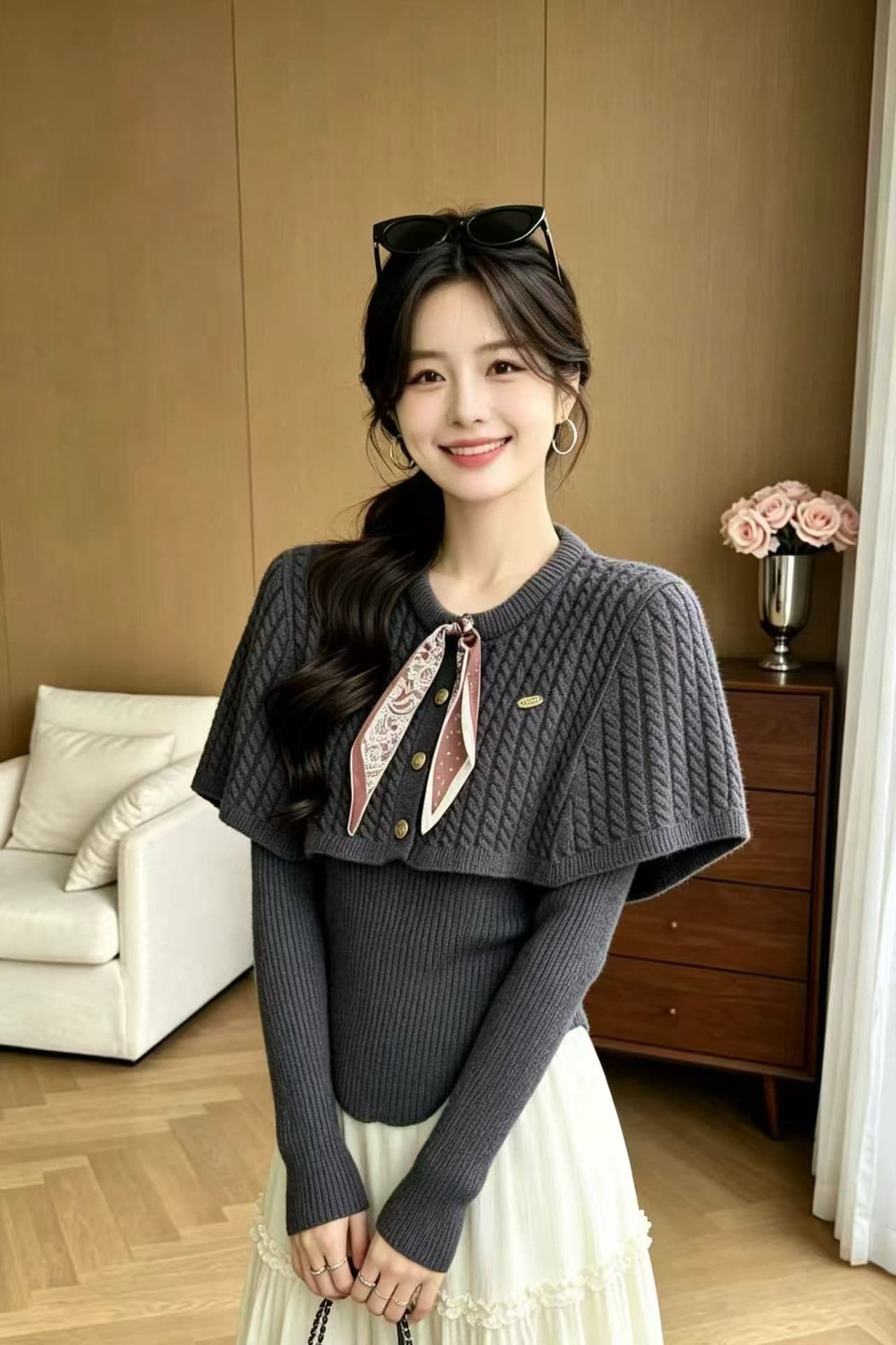 가을 겨울 망토 숄 투피스 세트 니트 스웨터 여성 품격 고급 센스 스웨터 인사이드 잡아라. 의류 슈퍼 잘 생긴 기본 셔츠 상세 이미지 7