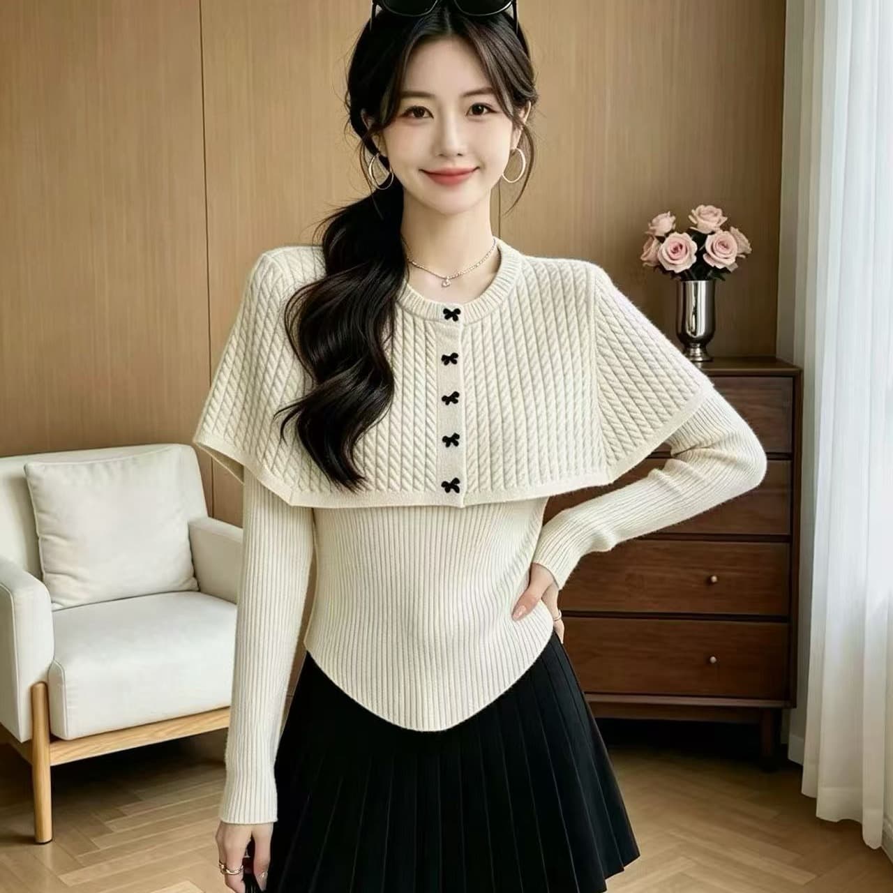 살구 색상 망토 숄 니트 스웨터 여성 외출용 2026 가을 겨울 새로운 허리 수축 스웨터 디자인 센스 두 조각 맨위 이미지 5