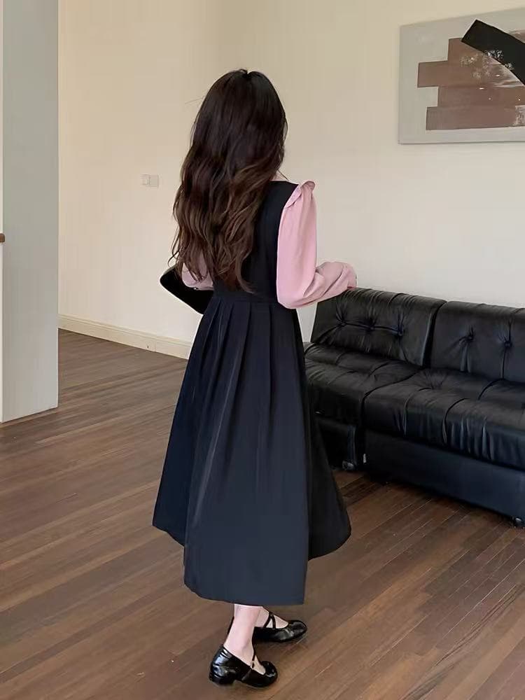 봄 가을 새로운 허리 수축 배색 긴팔 광장 칼라 길다 치마 빅 사이즈 레트로 단추 새로운 중식 페이크 레이어드 드레스 이미지 2