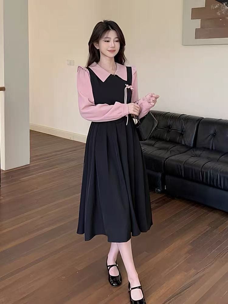 봄 가을 새로운 허리 수축 배색 긴팔 광장 칼라 길다 치마 빅 사이즈 레트로 단추 새로운 중식 페이크 레이어드 드레스 이미지 3