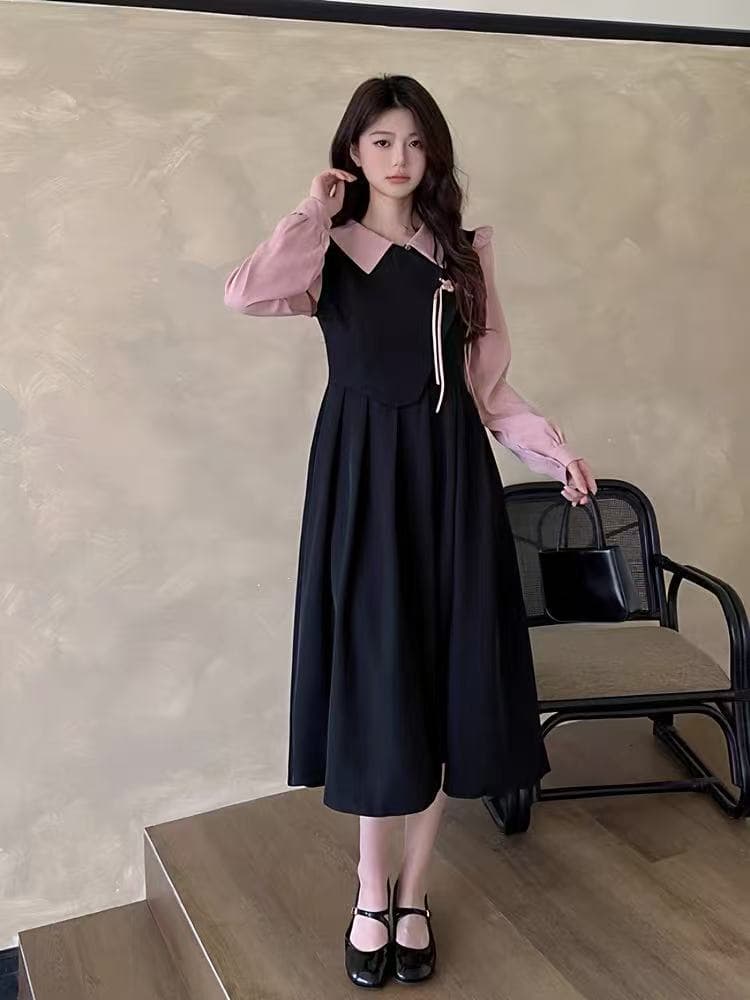 봄 가을 새로운 허리 수축 배색 긴팔 광장 칼라 길다 치마 빅 사이즈 레트로 단추 새로운 중식 페이크 레이어드 드레스 상세 이미지 2
