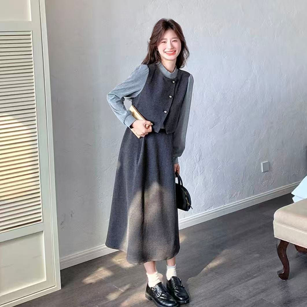 빅 사이즈 롱 코트 표지 고기 드레스 여자 작은 키 치마 프랑스식 고급 센스 품격 허리 수축 슬림해 보이는 치마 이미지 4