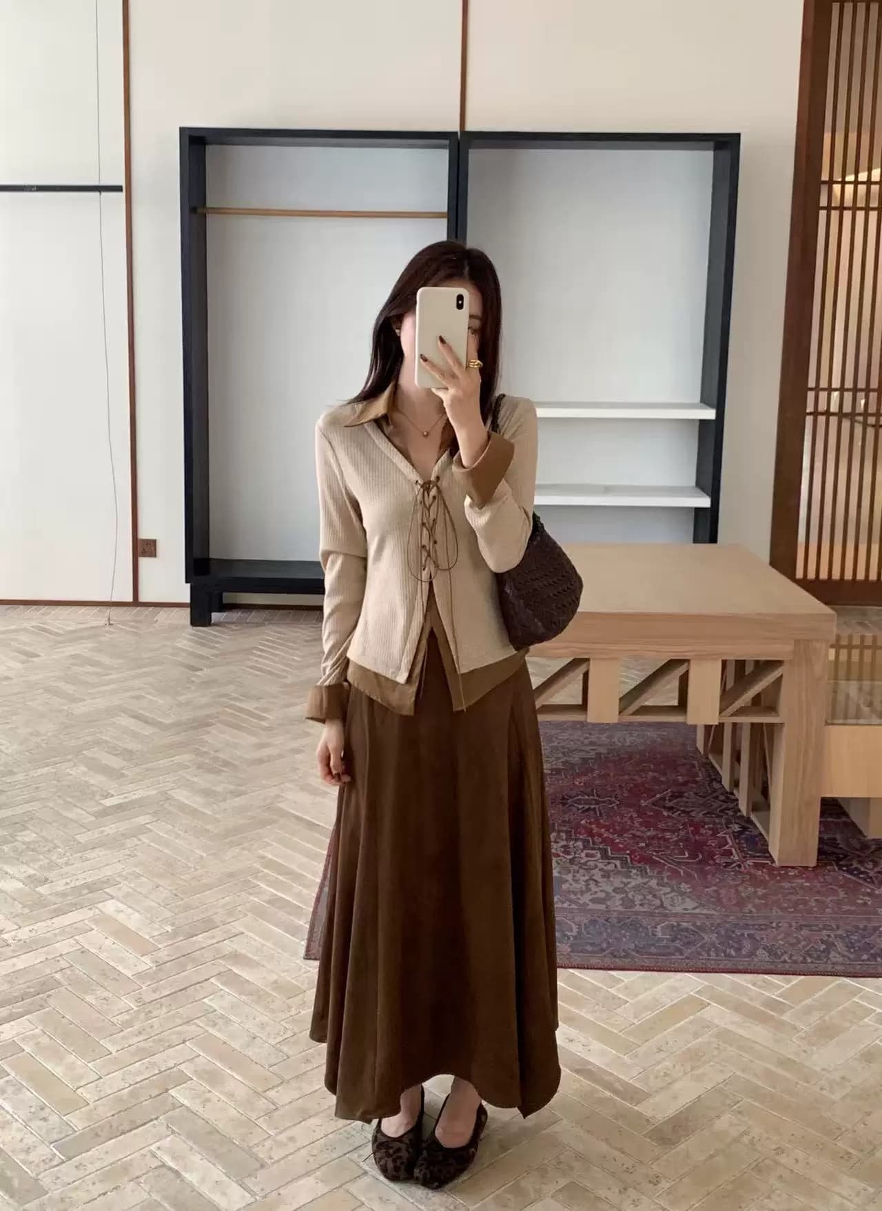 한 부서 분위기 센스 패치워크 페이크 레이어드 오픈 가디건 세트 드레스 여성 가을 2026 새로운 레트로 반신 스커트 투피스 세트 상세 이미지 8