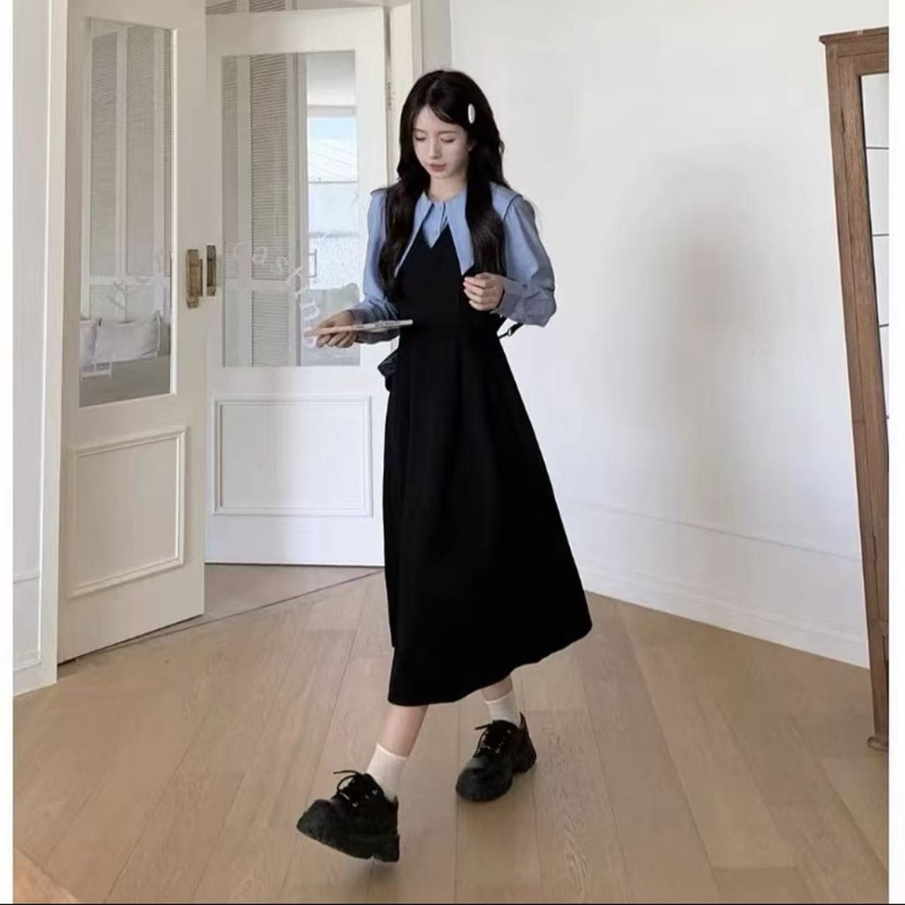 빅 사이즈 여성 의류 학원 스타일 페이크 레이어드 긴팔 드레스 가을 착용 가져 가라. 치마 지방 mm 표지 배 슬림해 보이는 A라인 스커트 상세 이미지 1