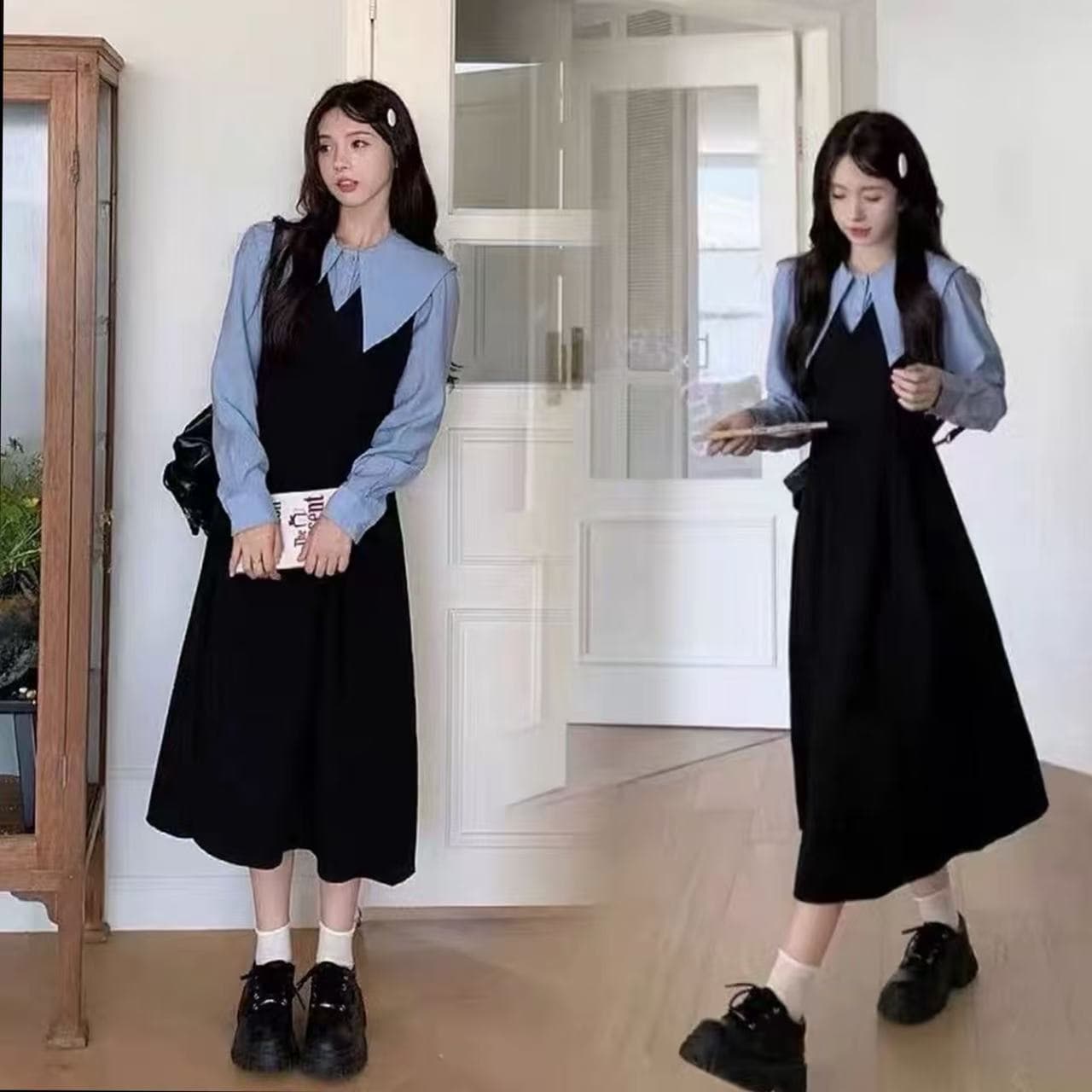 빅 사이즈 여성 의류 학원 스타일 페이크 레이어드 긴팔 드레스 가을 착용 가져 가라. 치마 지방 mm 표지 배 슬림해 보이는 A라인 스커트 상세 이미지 3
