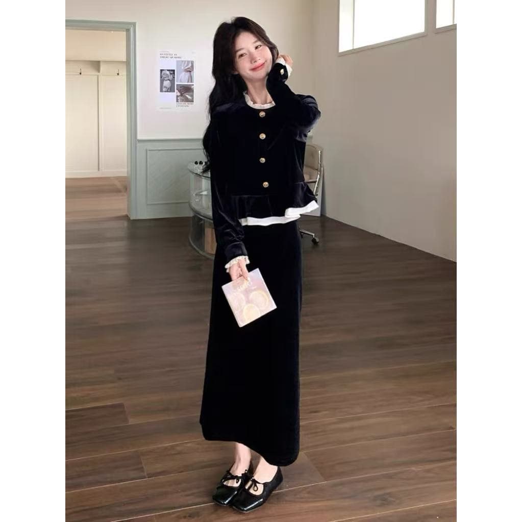 2026 가을 새로운 학원 스타일 검정색 긴팔 셔츠 드레스 교 자본금 면접 착용 가져 가라. 허리 수축 A라인 스커트 여성 이미지 2