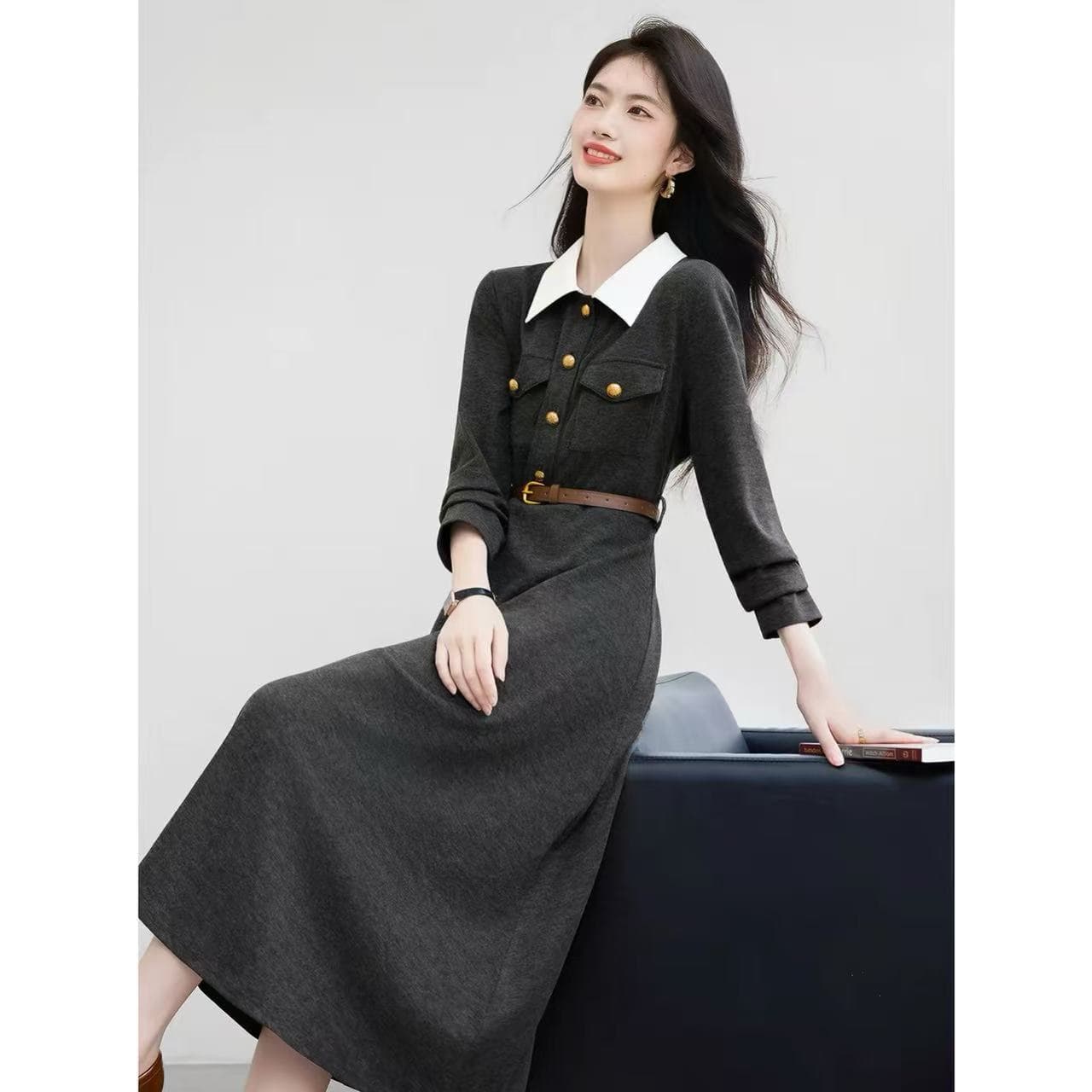 프랑스식 그는 벤 바람 폴로 칼라 드레스 가을 새로운 패션 허리 수축 슬림해 보이는 배색 패치워크 POLO 칼라 중간 길이 스커트 이미지 3