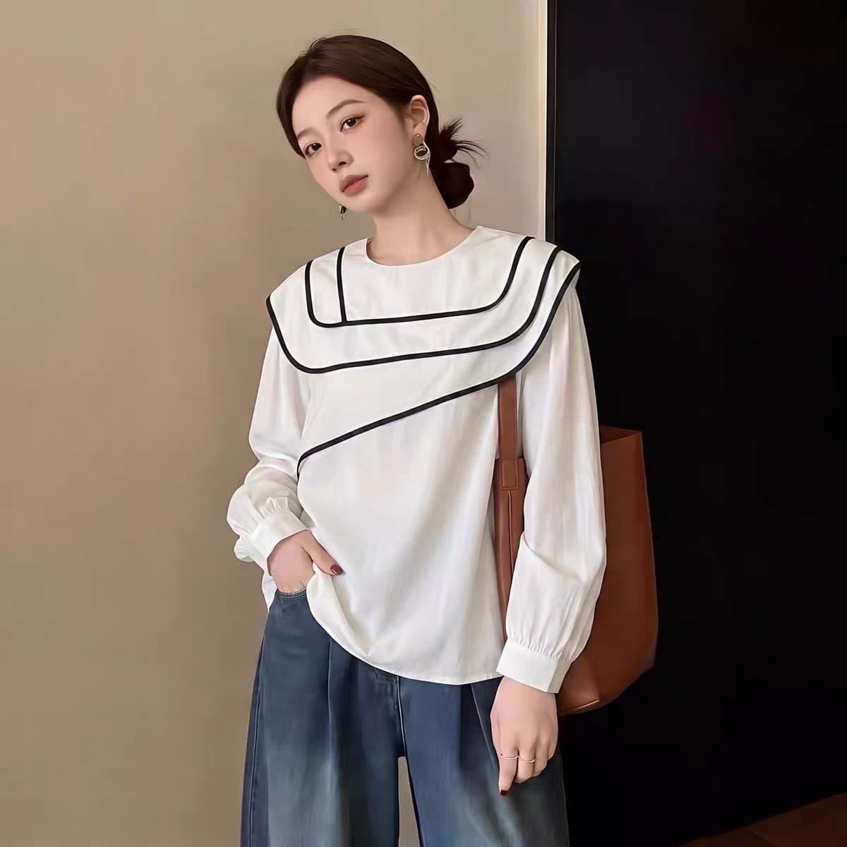 불규칙 해군 칼라 긍정적 인 어깨 긴팔 여성 셔츠 2026 조기 가을 새로운 빅 사이즈 지방 mm 슬림해 보이는 고유 한 맨위 상세 이미지 2