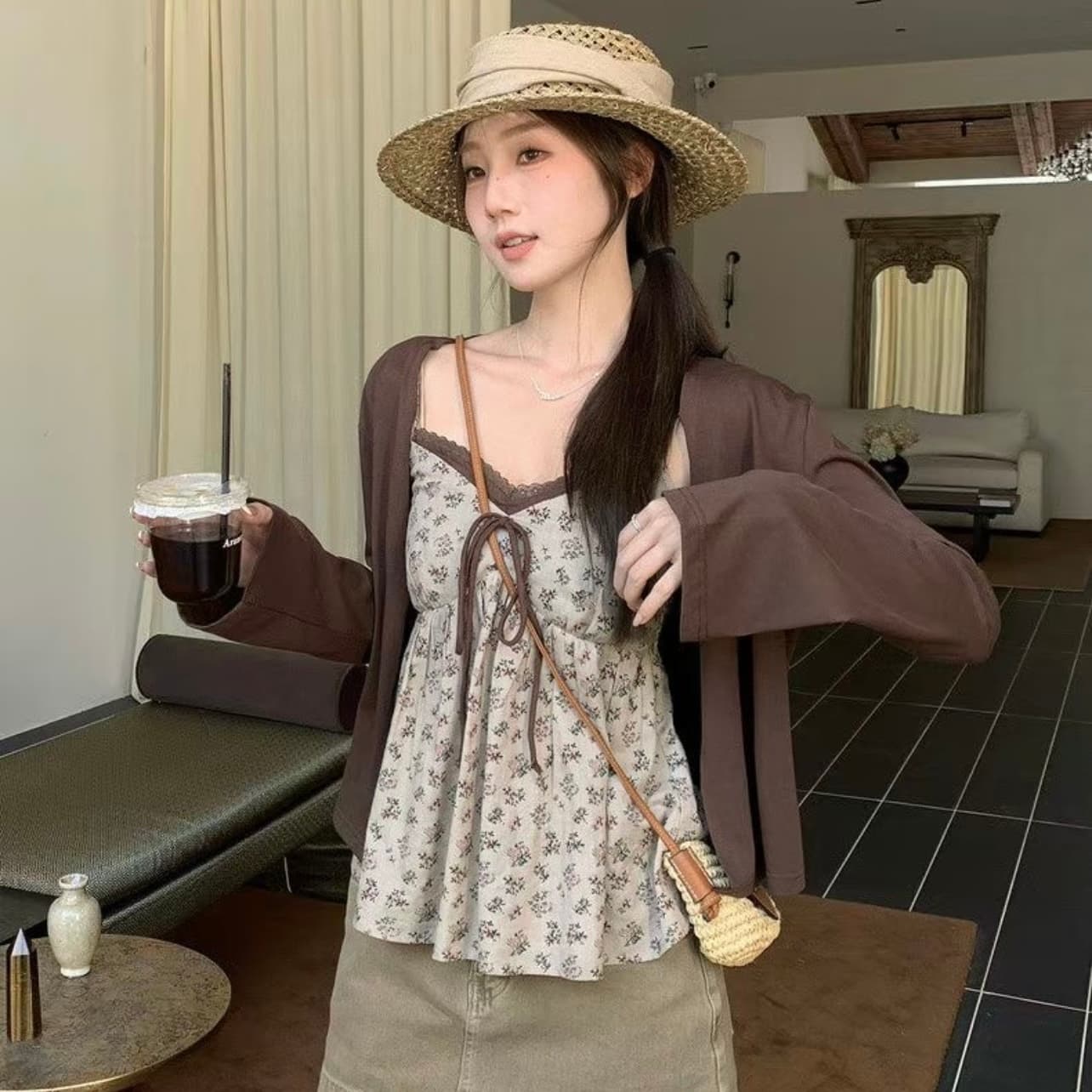 우 77 꽃무늬 나비 넥타이 조끼 슬립 여성 미니멀리즘 다용도 나팔 소매 카디건 코트 투피스 슈트 봄 이미지 5
