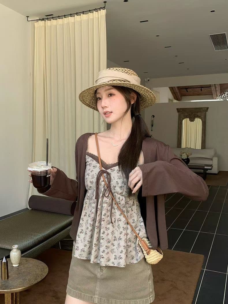 우 77 꽃무늬 나비 넥타이 조끼 슬립 여성 미니멀리즘 다용도 나팔 소매 카디건 코트 투피스 슈트 봄 상세 이미지 3