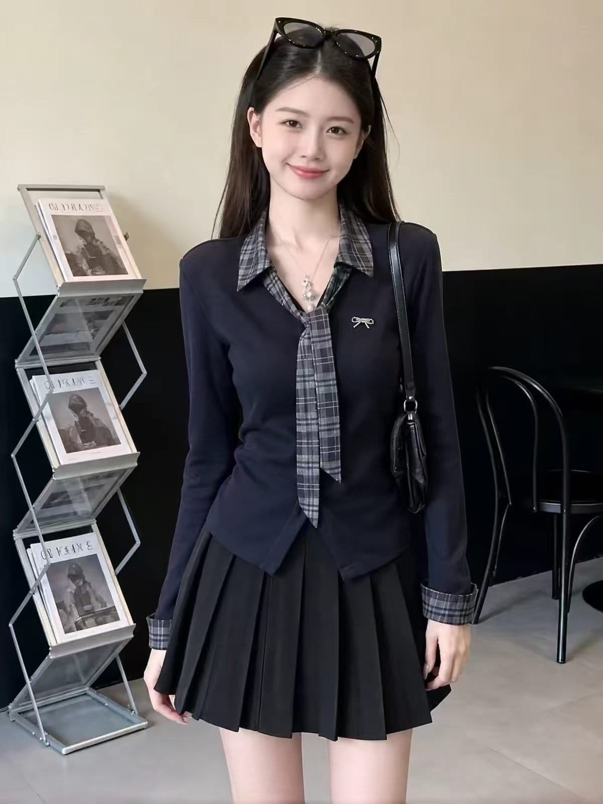 학원 스타일 V넥 나비 넥타이 페이크 레이어드 배색 체크무늬 셔츠 맨위 여성 가을 새로운 긴팔 티셔츠 상세 이미지 1