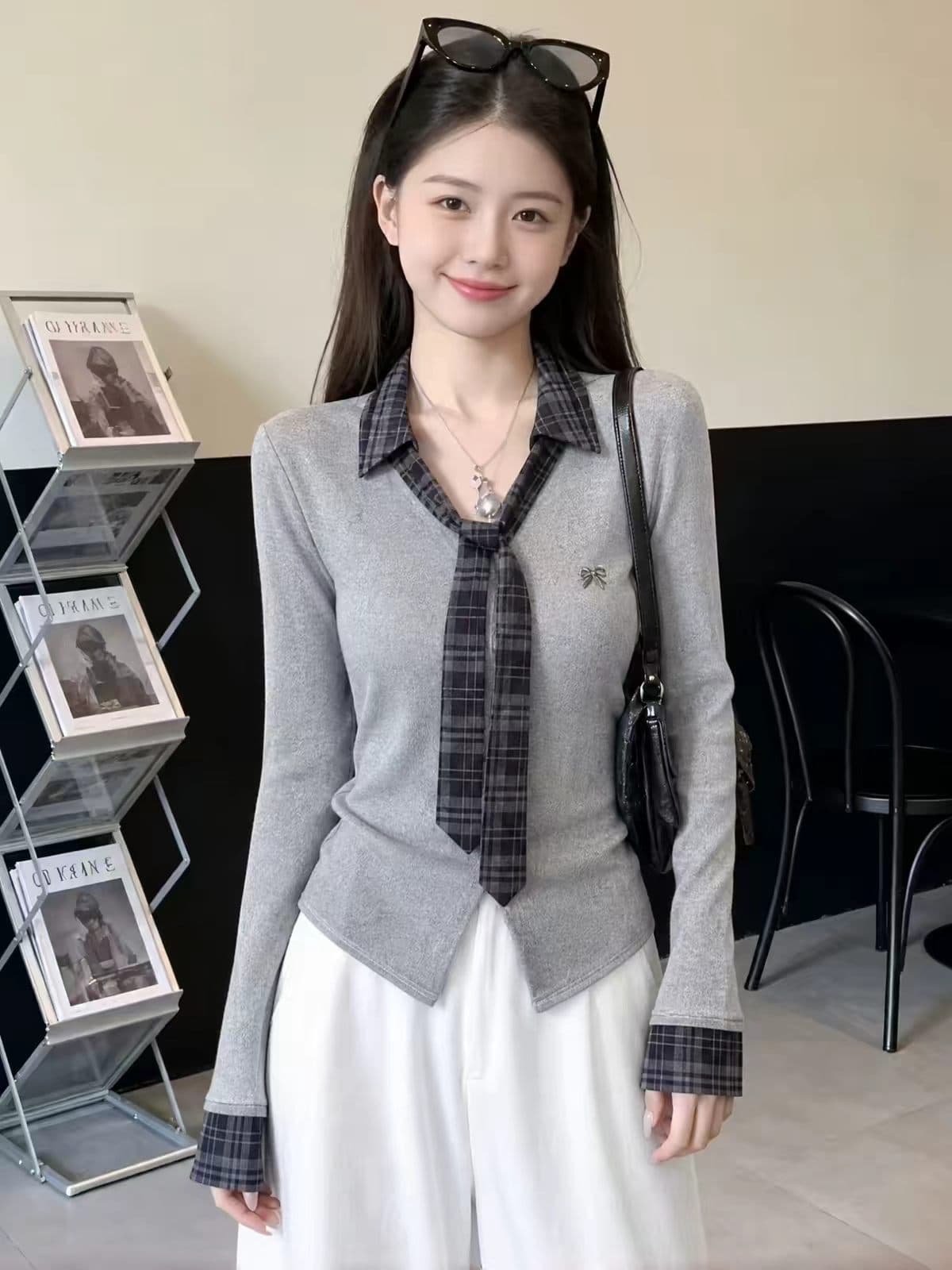 학원 스타일 V넥 나비 넥타이 페이크 레이어드 배색 체크무늬 셔츠 맨위 여성 가을 새로운 긴팔 티셔츠 상세 이미지 4