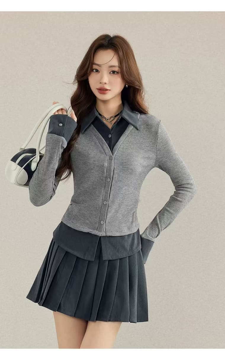 학원 스타일 회색 polo 폴로 칼라 페이크 레이어드 긴팔 니트 스웨터 여성 가을 인사이드 가져 가라. 만나는 품격 몸매 가꾸기 맨위 상세 이미지 1
