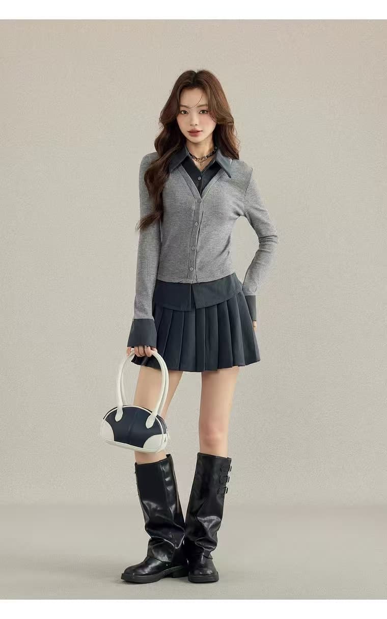 학원 스타일 회색 polo 폴로 칼라 페이크 레이어드 긴팔 니트 스웨터 여성 가을 인사이드 가져 가라. 만나는 품격 몸매 가꾸기 맨위 상세 이미지 7