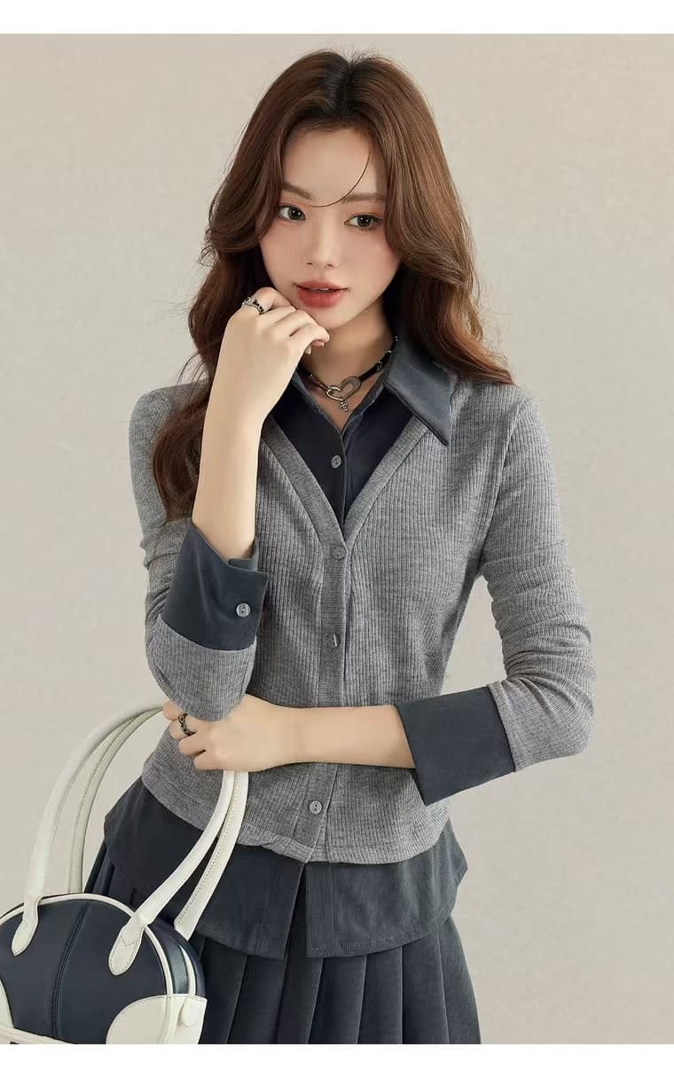 학원 스타일 회색 polo 폴로 칼라 페이크 레이어드 긴팔 니트 스웨터 여성 가을 인사이드 가져 가라. 만나는 품격 몸매 가꾸기 맨위 상세 이미지 11
