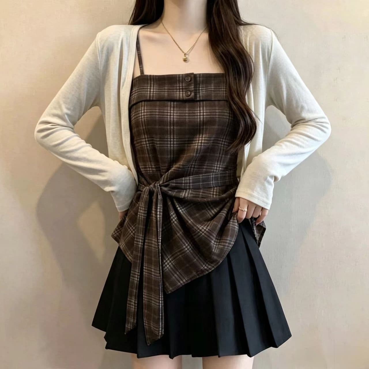 한 부서 체크무늬 비틀림 슬립 외부 가져 가라. 오픈 가디건 여성 가을 빅 사이즈 지방 mm 허리 수축 표지 고기 분위기 센스 캐주얼 투피스 세트 이미지 2