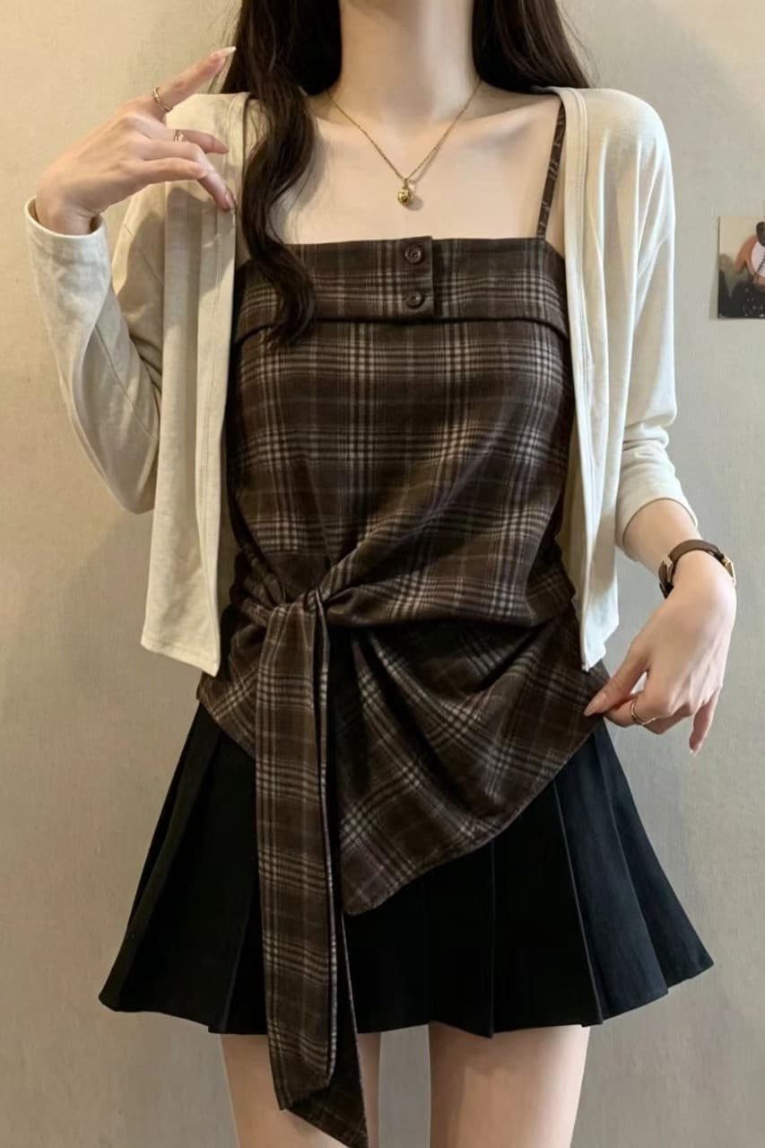 한 부서 체크무늬 비틀림 슬립 외부 가져 가라. 오픈 가디건 여성 가을 빅 사이즈 지방 mm 허리 수축 표지 고기 분위기 센스 캐주얼 투피스 세트 이미지 6