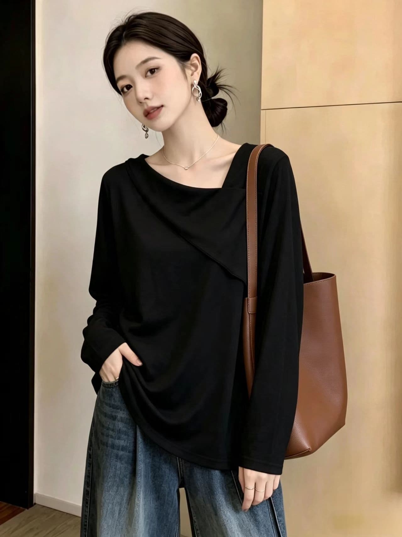 커피 색상 품격 비스듬한 광장 칼라 패치워크 긴팔 티셔츠 여성 가을 미니멀리즘 단색 빅 사이즈 지방 mm 표지 고기 슬림해 보이는 작은 셔츠 상세 이미지 2