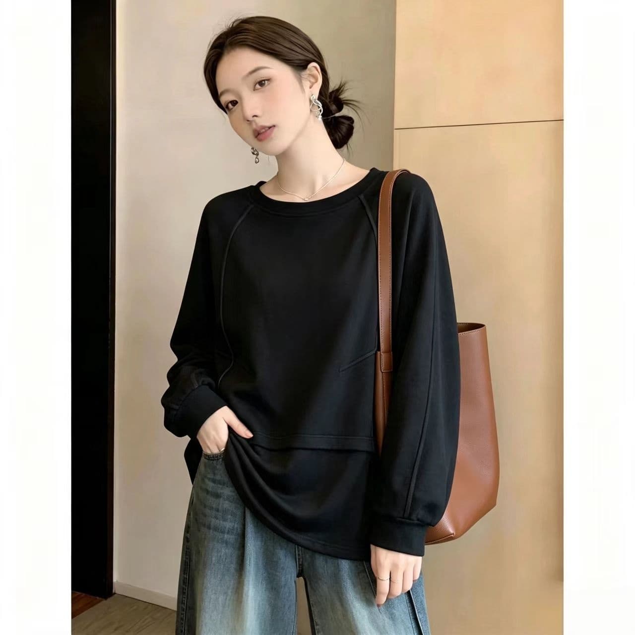 폭발 커피 색상 긴팔 후드티 기본 셔츠 여자 봄 가을 빅 사이즈 지방 mm 슬림해 보이는 디자인 센스 펌프 로프 표지 배 맨위 상세 이미지 6