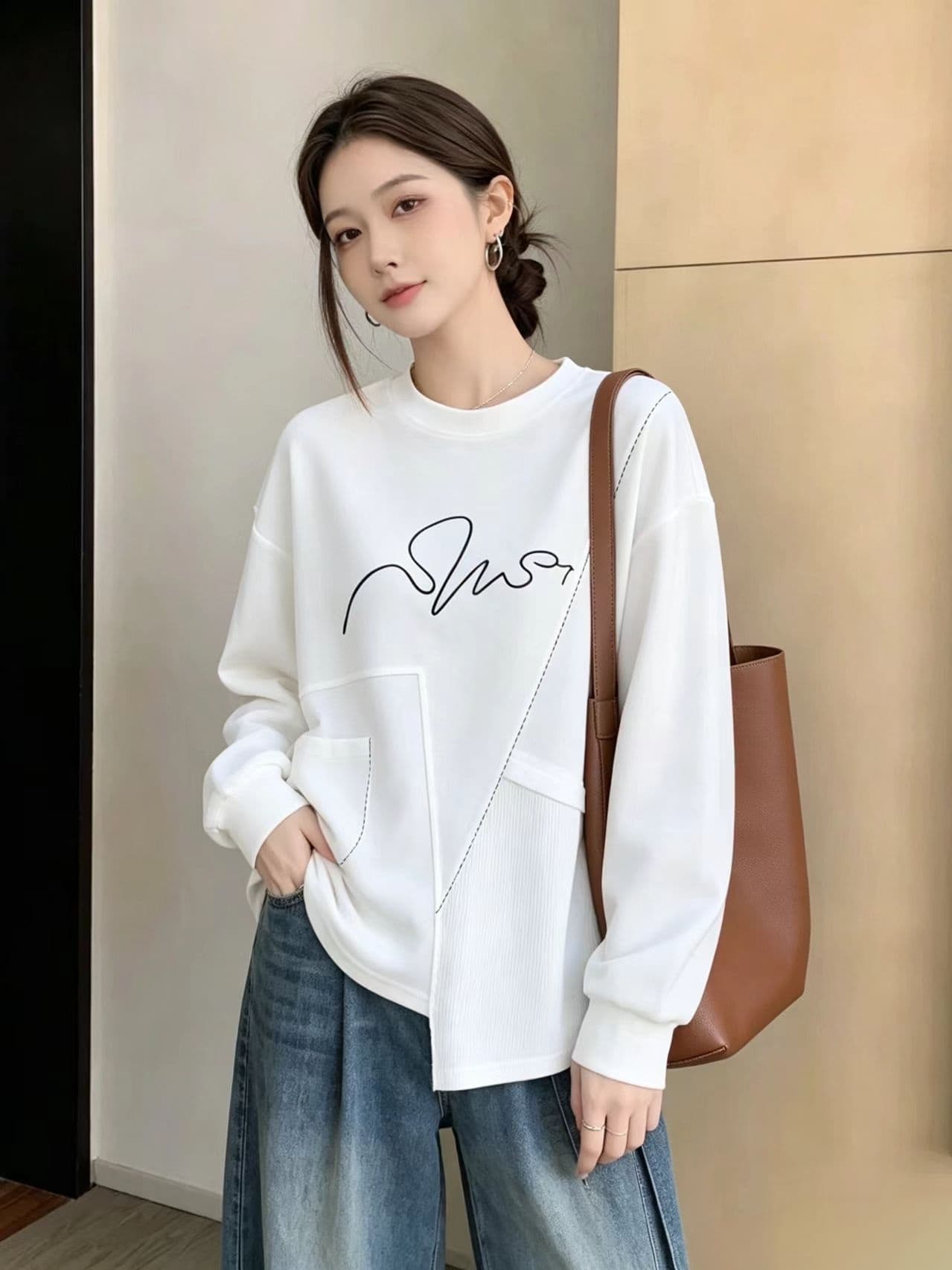 디자인 센스 불규칙 검정색 긴팔 후드티 2026 가을 빅 사이즈 여성 의류 지방 mm 표지 배 다용도 맨위 트렌디 상세 이미지 5