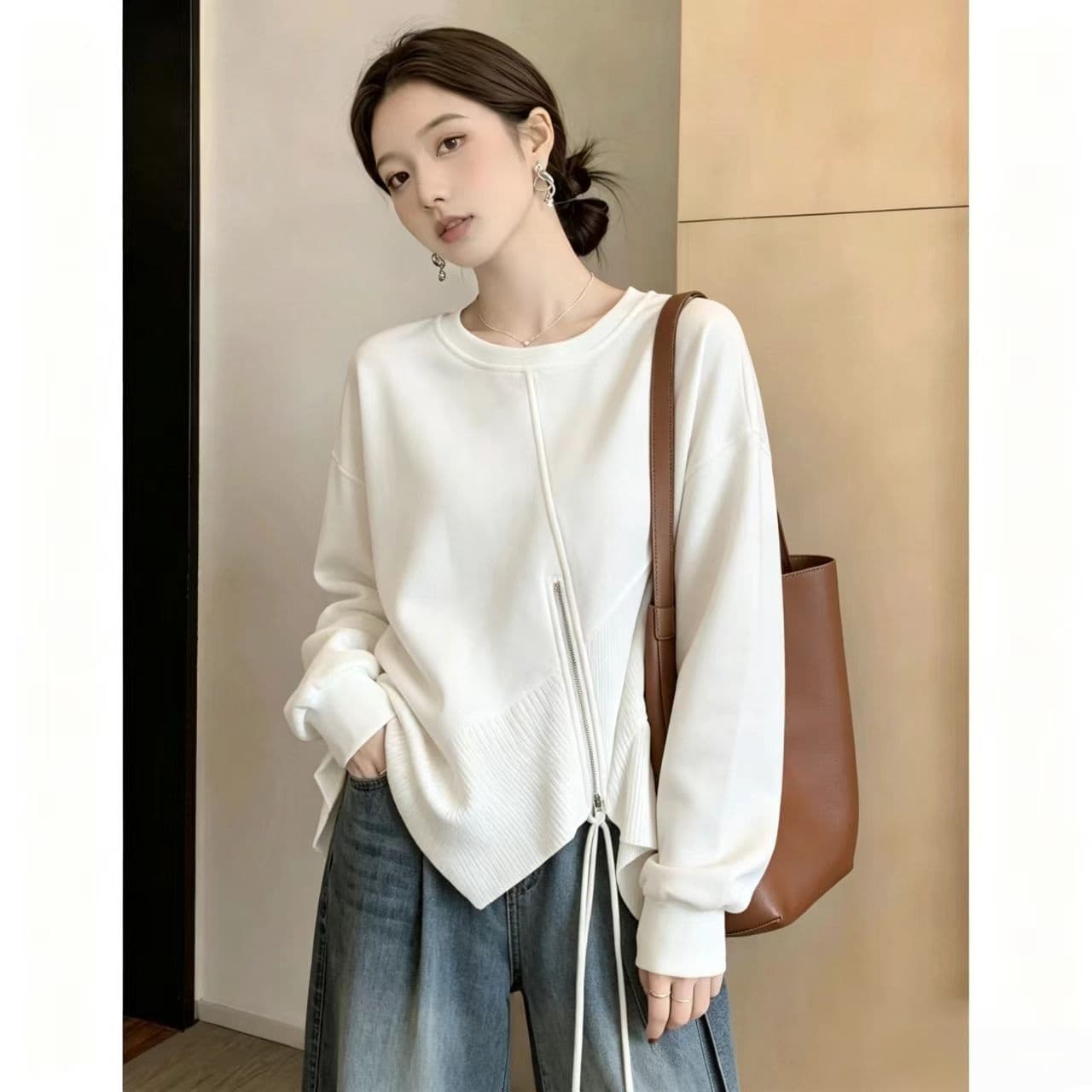 빅 사이즈 불규칙 디자인 센스 지퍼 긴팔 후드티 여성 봄 가을 마이크로 지방 mm 슬림해 보이는 표지 배 다용도 맨위 이미지 3