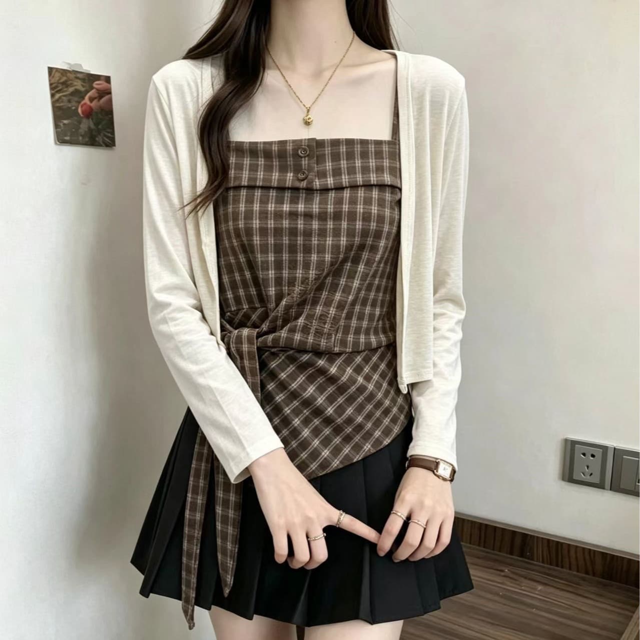 레트로 체크무늬 비틀림 슬립 작은 셔츠 여성 가을 빅 사이즈 지방 mm 외부 가져 가라. 얇은 스타일 긴팔 오픈 가디건 슬림해 보이는 투피스 세트 이미지 2
