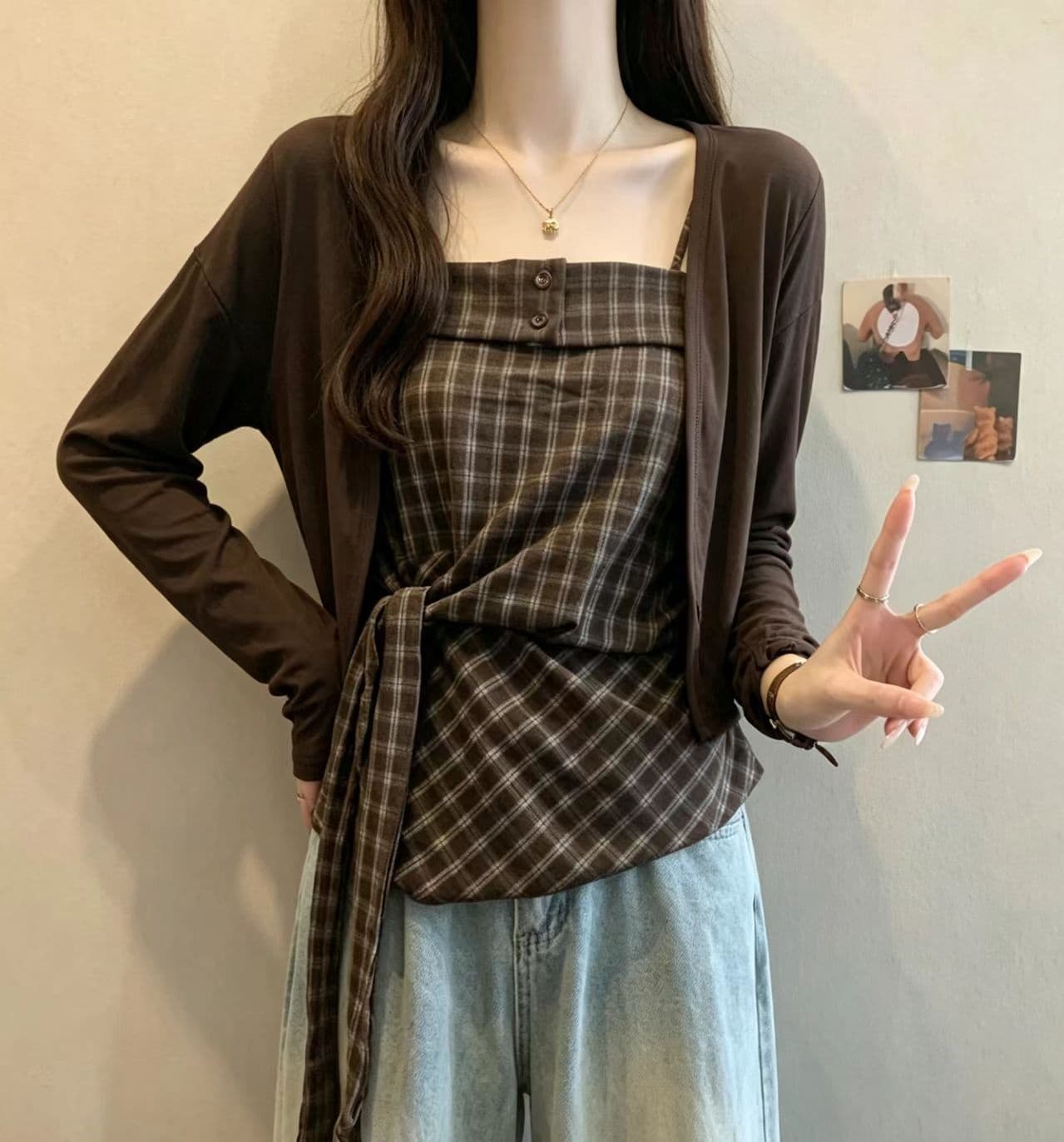 레트로 체크무늬 비틀림 슬립 작은 셔츠 여성 가을 빅 사이즈 지방 mm 외부 가져 가라. 얇은 스타일 긴팔 오픈 가디건 슬림해 보이는 투피스 세트 이미지 3