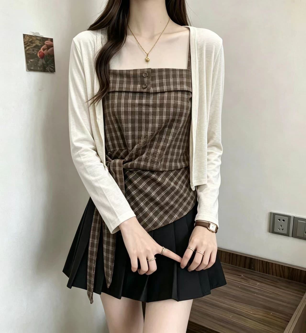 레트로 체크무늬 비틀림 슬립 작은 셔츠 여성 가을 빅 사이즈 지방 mm 외부 가져 가라. 얇은 스타일 긴팔 오픈 가디건 슬림해 보이는 투피스 세트 상세 이미지 5