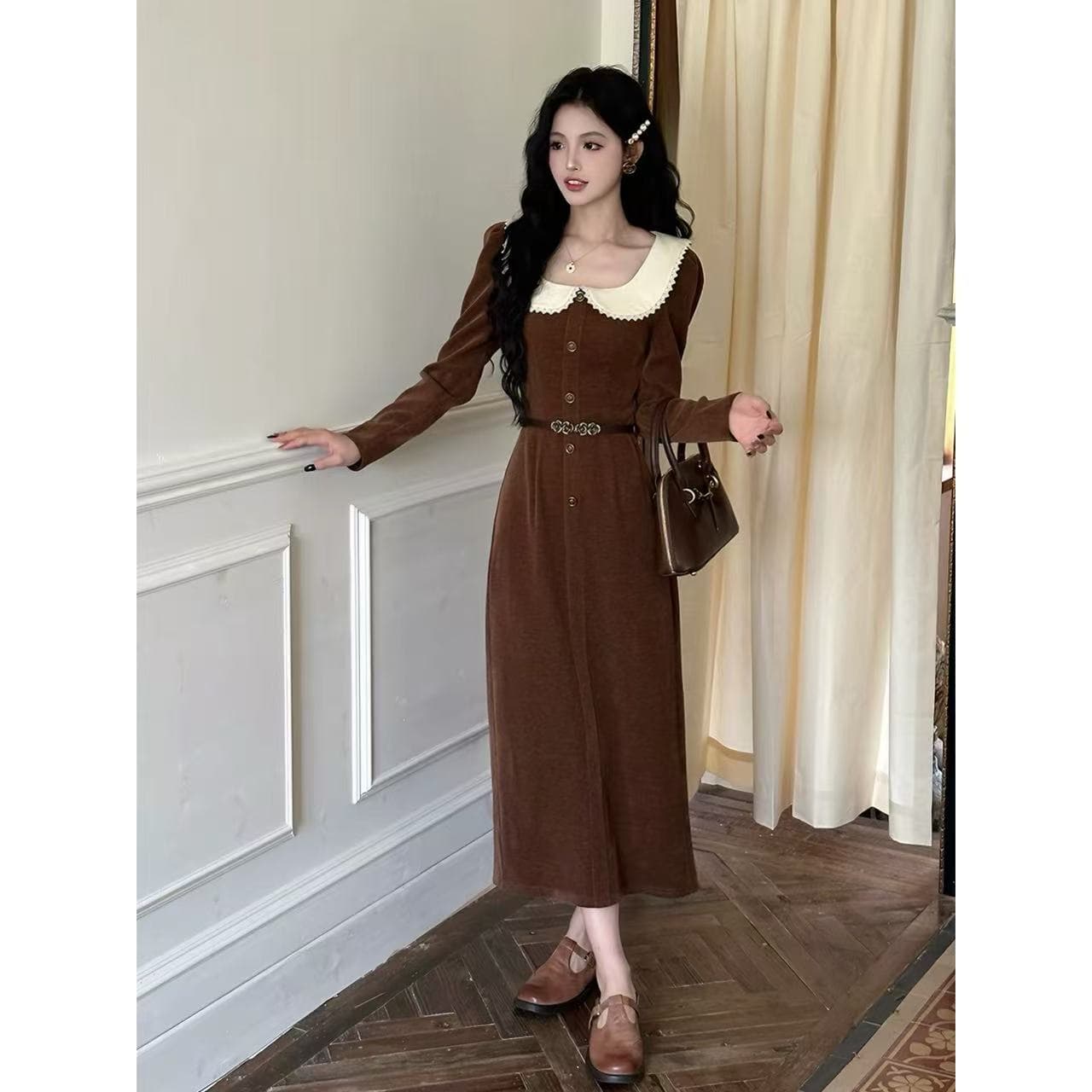 빅 사이즈 여성 의류 호박색 체리 코듀로이 프랑스식 드레스 허리 수축 품격 자이언트 잘 생긴 롱 스커트 가을 새로운 이미지 2