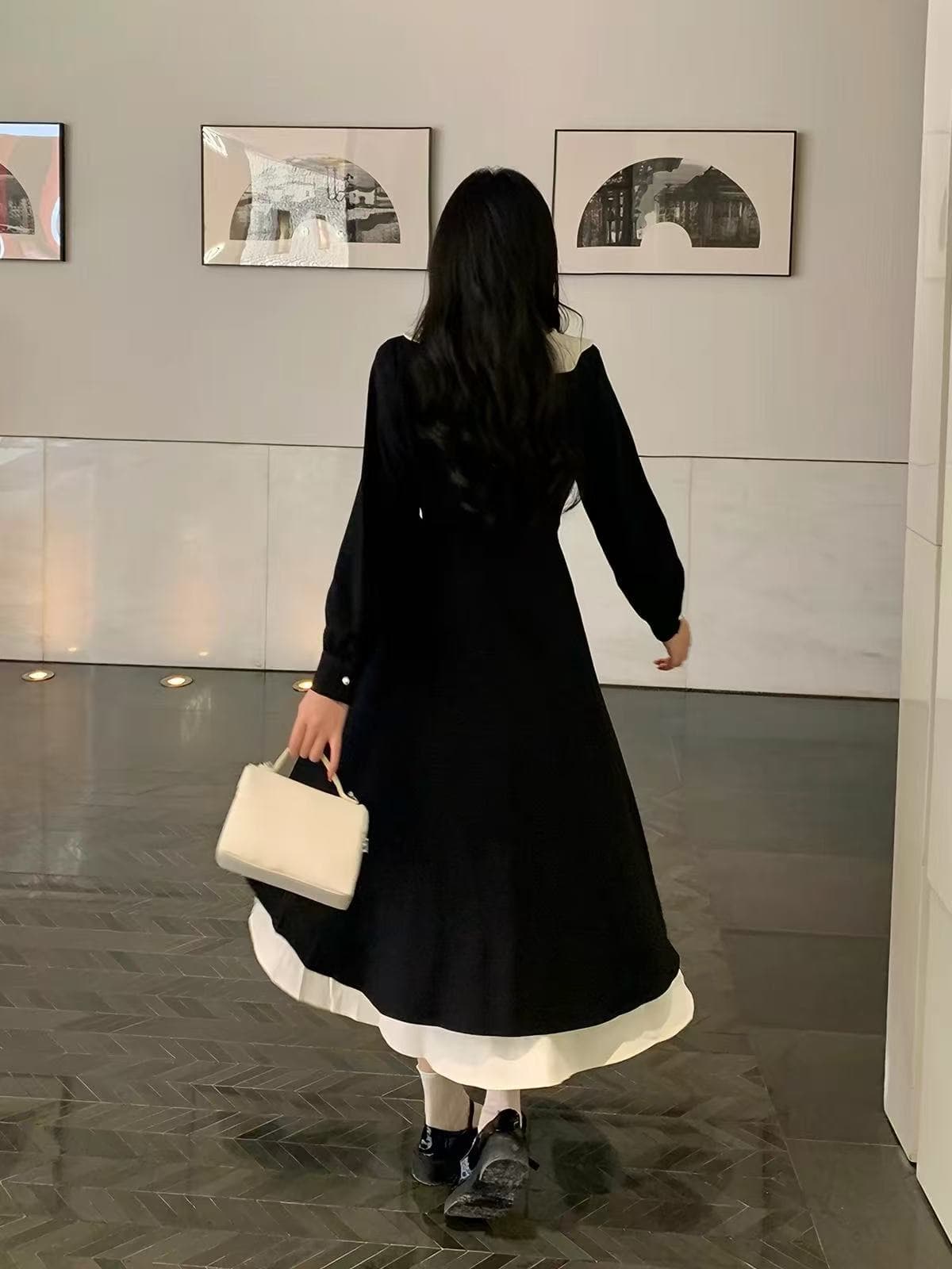 빅 사이즈 여성 의류 지방 mm 연령 감소 허리 수축 여성 드레스 배 종류 몸 표지 배 슬림해 보이는 검정색 학원 스타일 A라인 스커트 상세 이미지 2